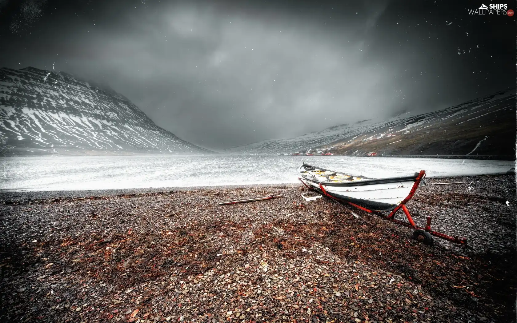 Clouds Sky Lake Boat Mountains Ships Wallpapers 1680x1050