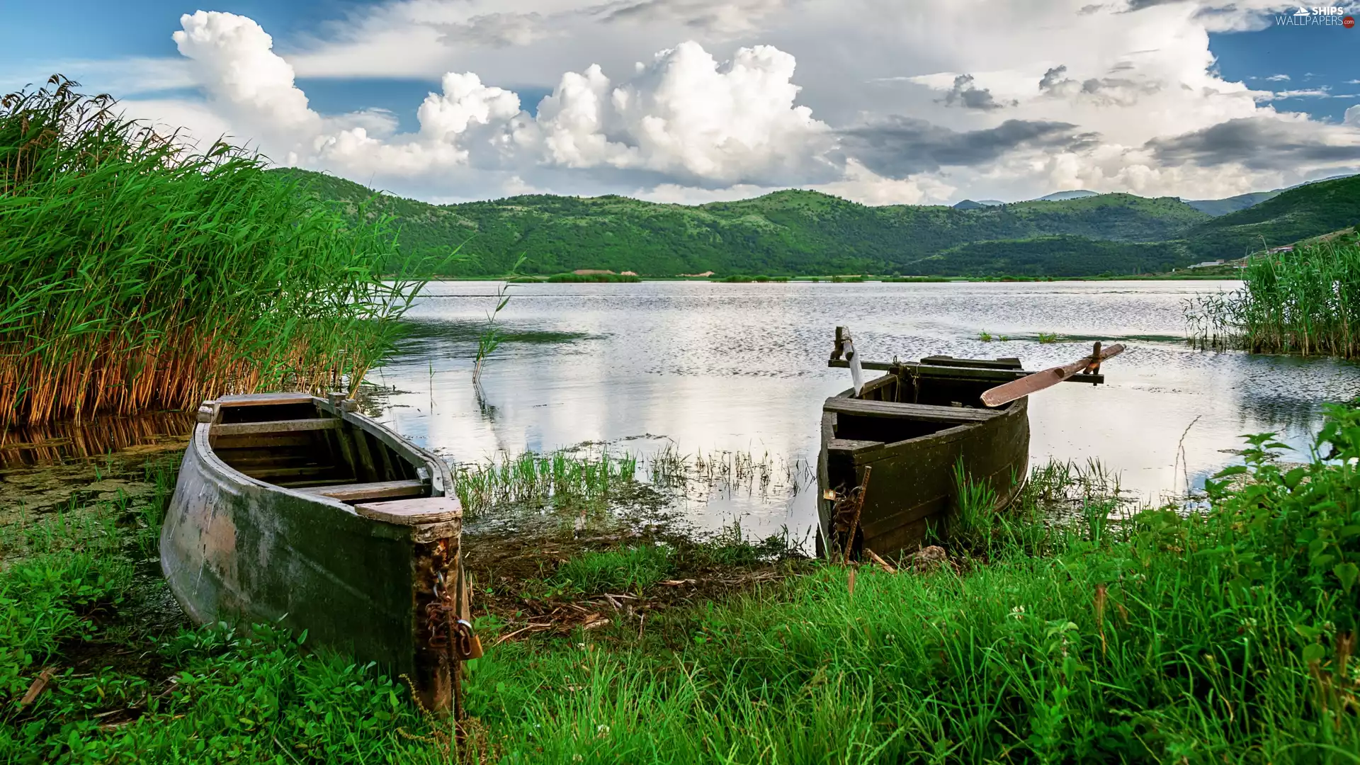 Two, cane, The Hills, coast, lake, boats, clouds