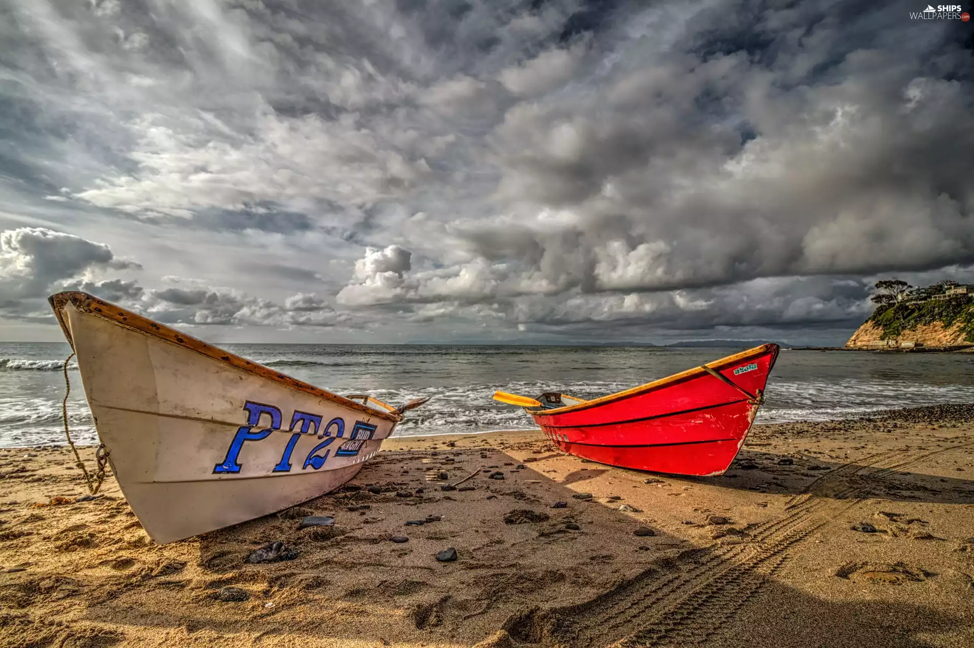 sea, clouds, Two, Boats, coast