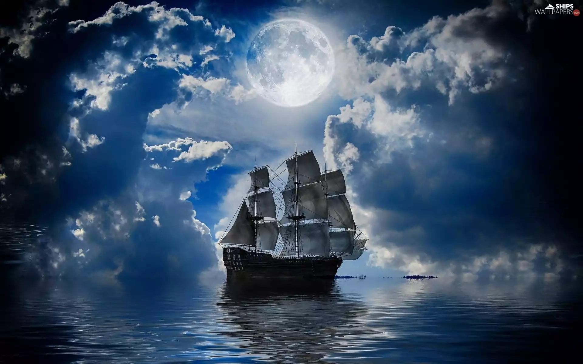 moon, Night, sea, clouds, sailing vessel