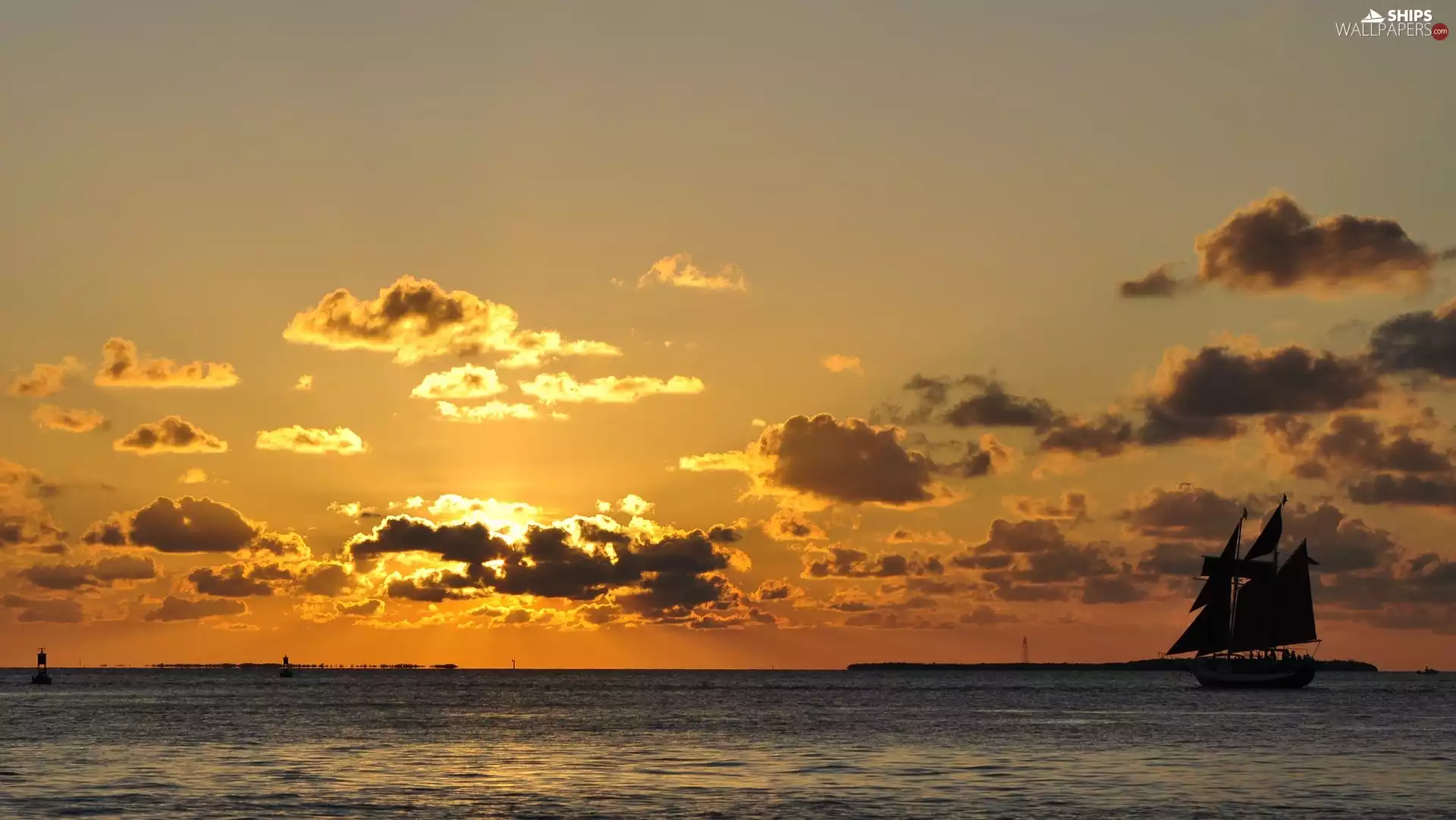 sea, Great Sunsets, clouds, sailing vessel