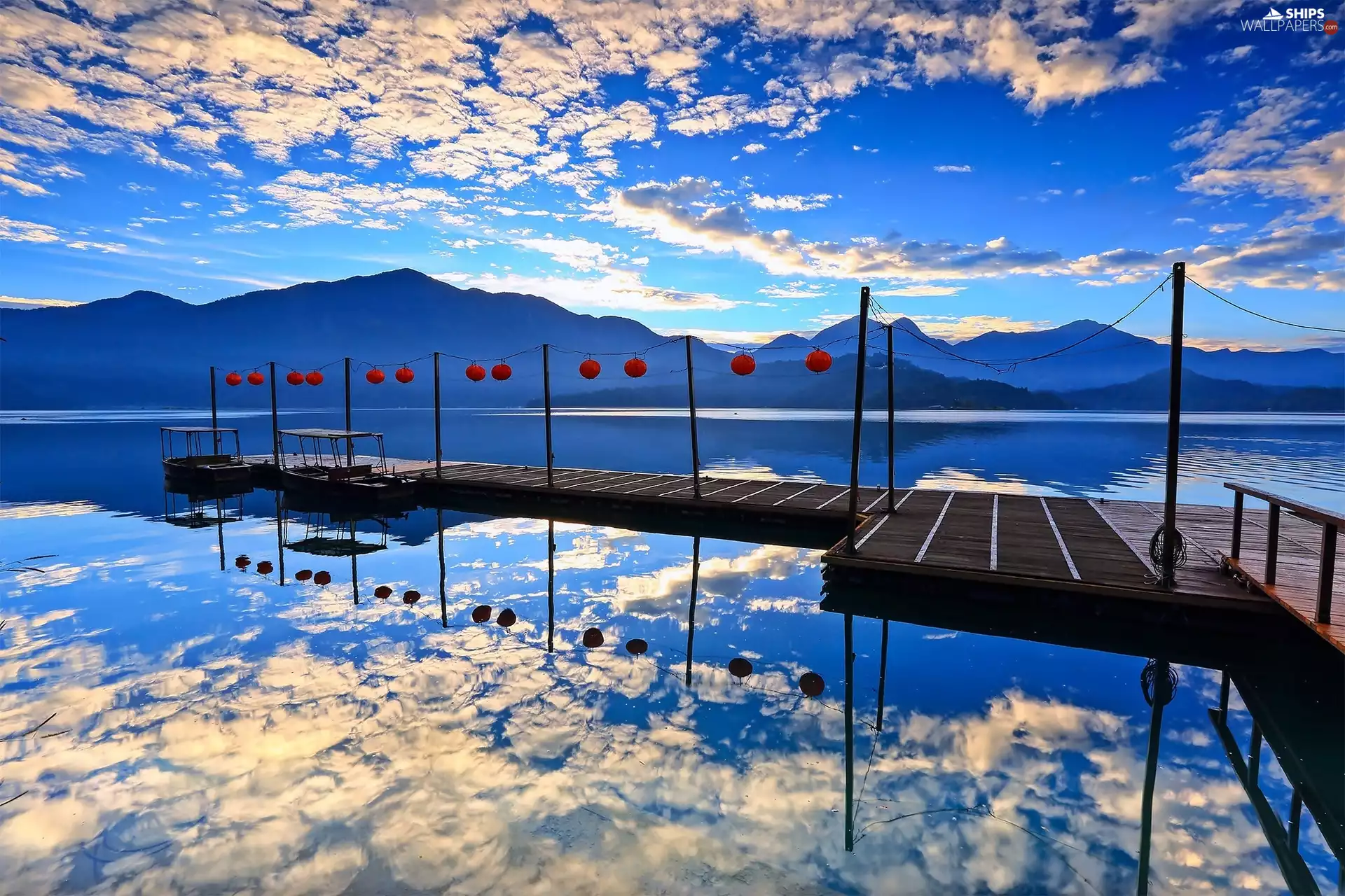 pier, Mountains, west, clouds, lake, boats, sun