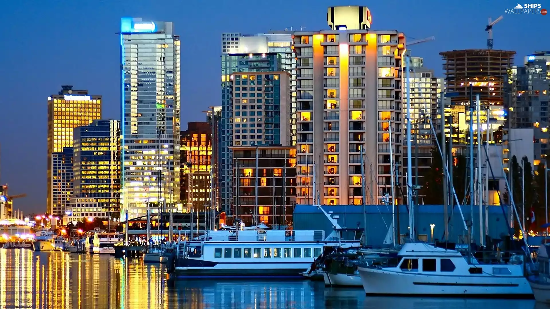 River, skyscrapers, wharf, clouds, Vancouver, Fraser, Yachts