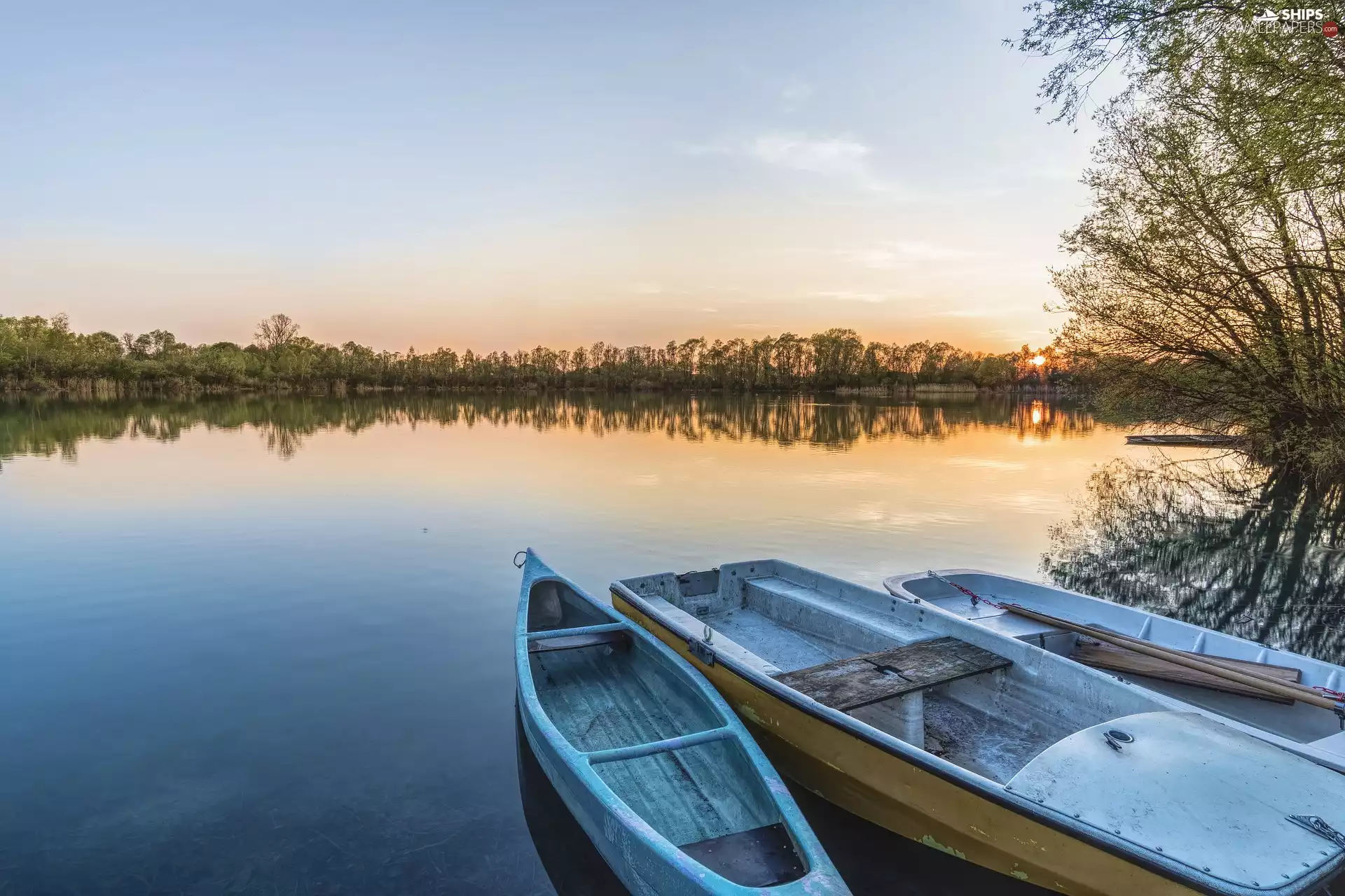 boats, coast, Great Sunsets, lake