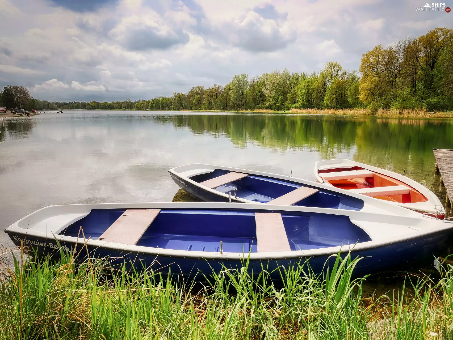 trees, boats, grass, coast, viewes, lake