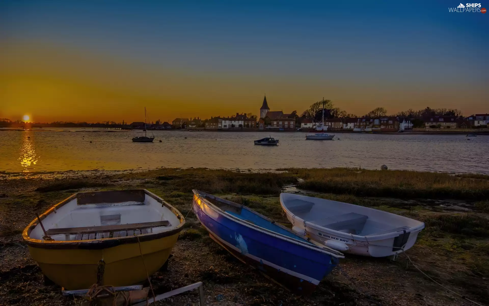 Boats, coast, sun, lagoon, west