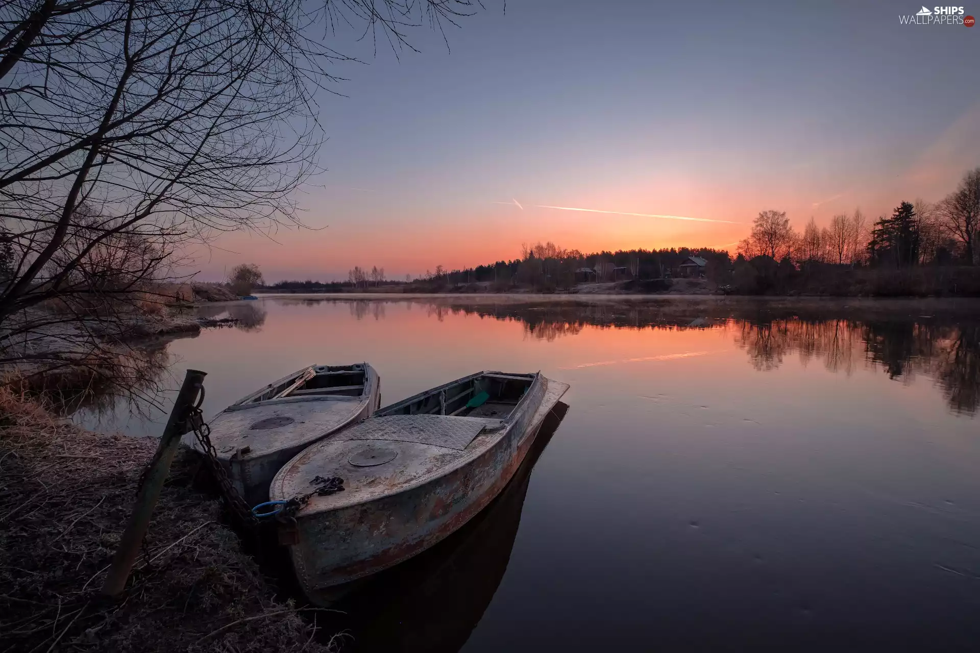 coast, Dubna River, boats, trees, Latgale, Latvia, Houses, Sunrise, viewes