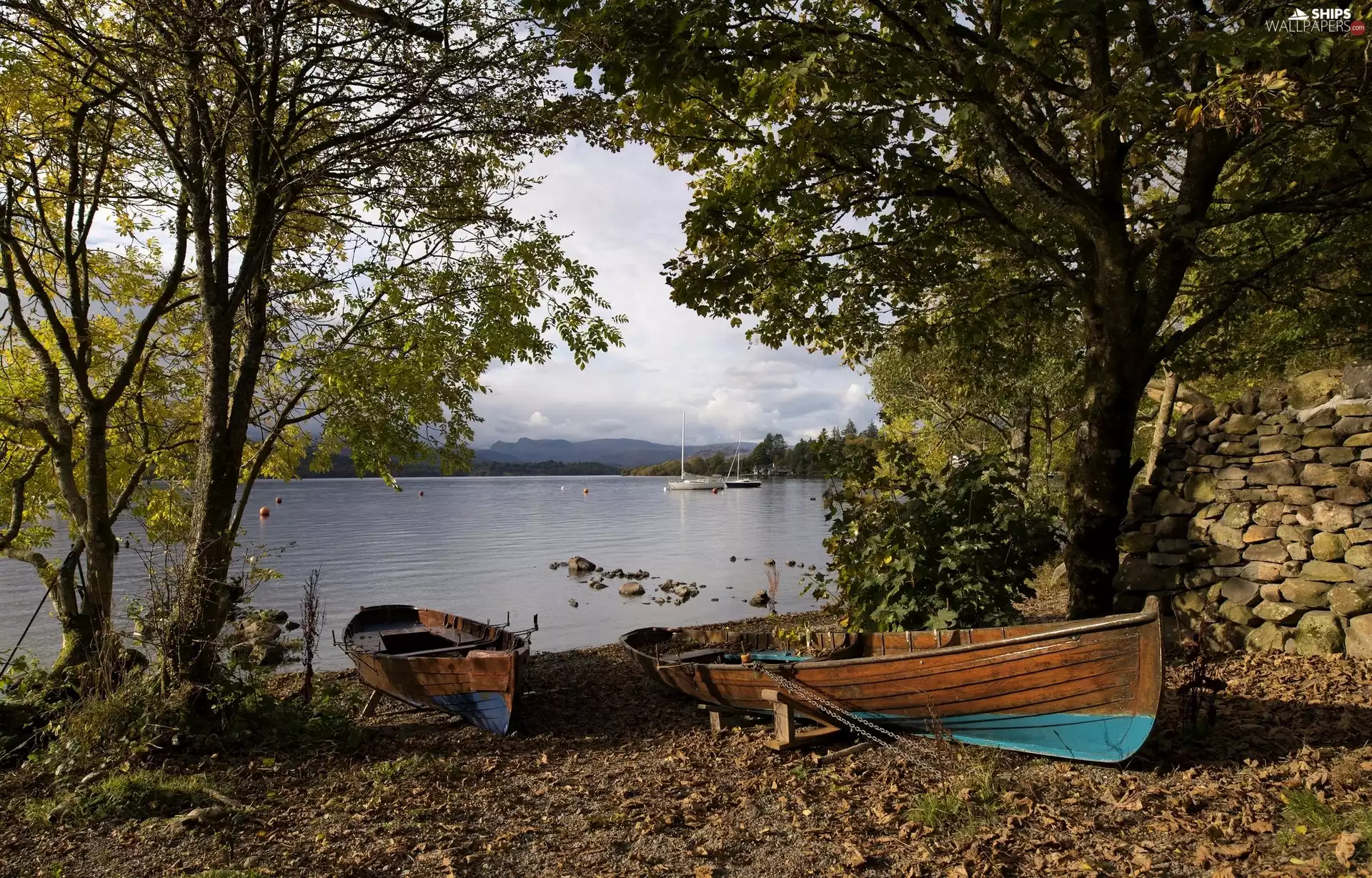 boats, lake, viewes, coast, trees, vessels