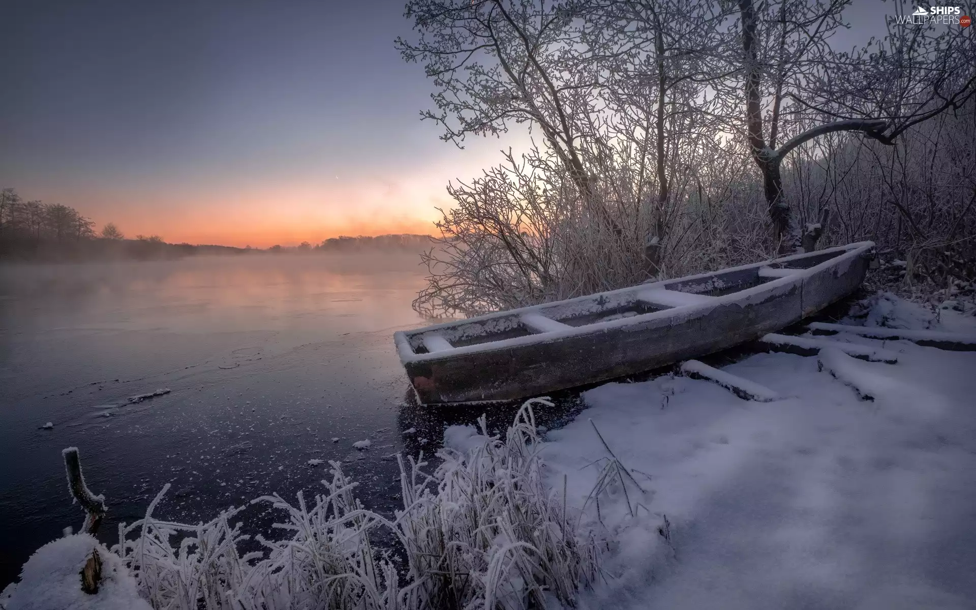dawn, grass, trees, morning, viewes, winter, snow, Frost, Boat, lake