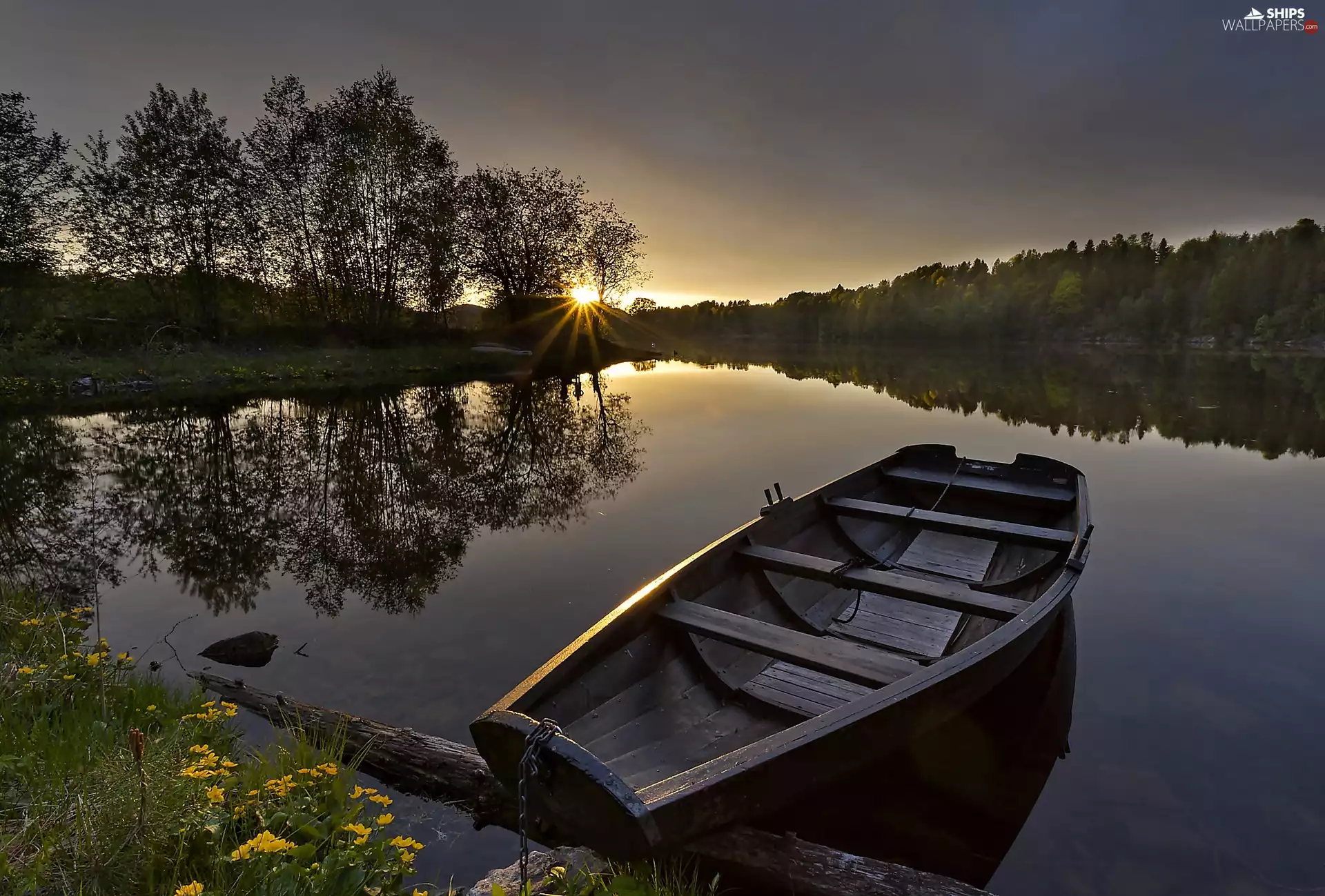 lake, sun, trees, dawn, east, Boat, viewes