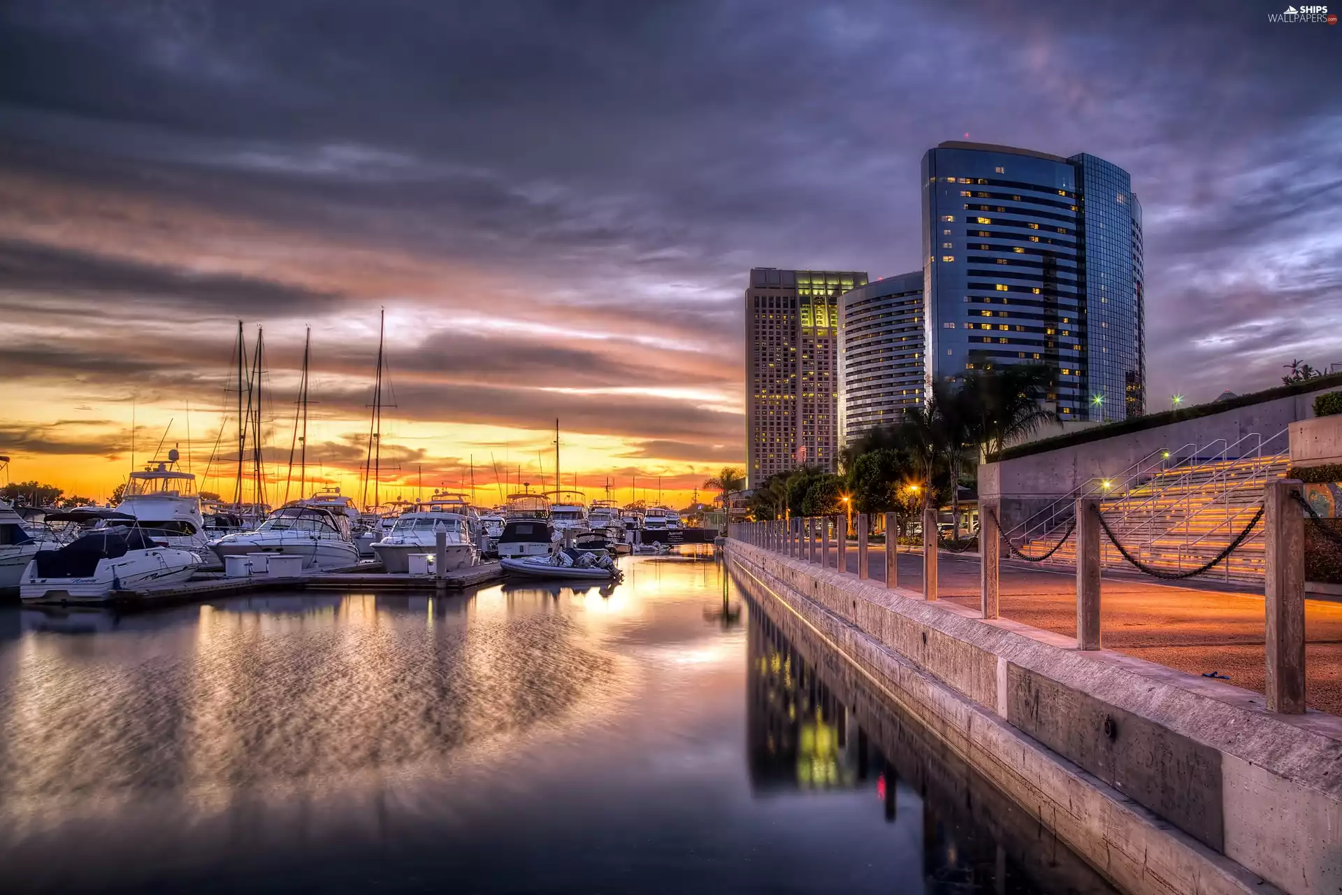 Marina, skyscrapers, San Diego, California, Yachts, clouds