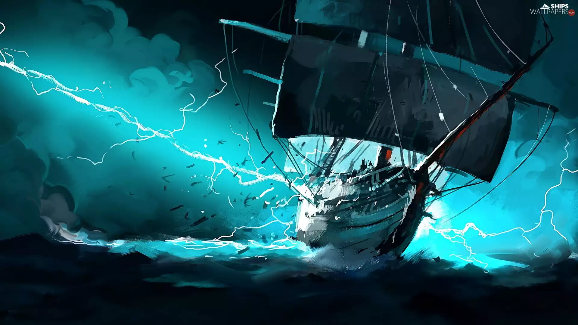 sailing vessel, Storm, Digital Art, sea