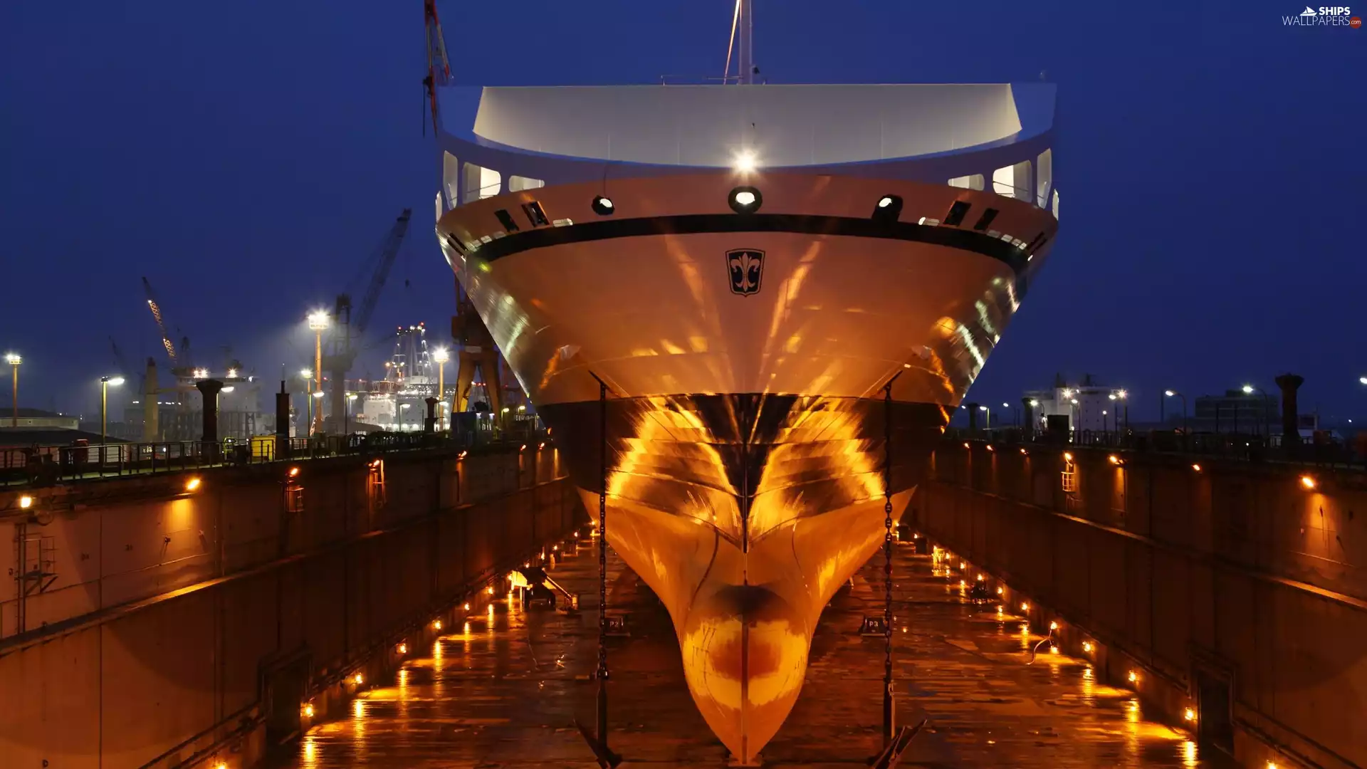 Ship, Night, headlights, dock