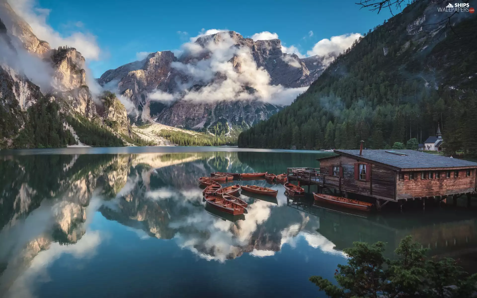 trees, Alps, house, boats, lake, Mountains, Dolomites, Italy, viewes, Pragser Wildsee