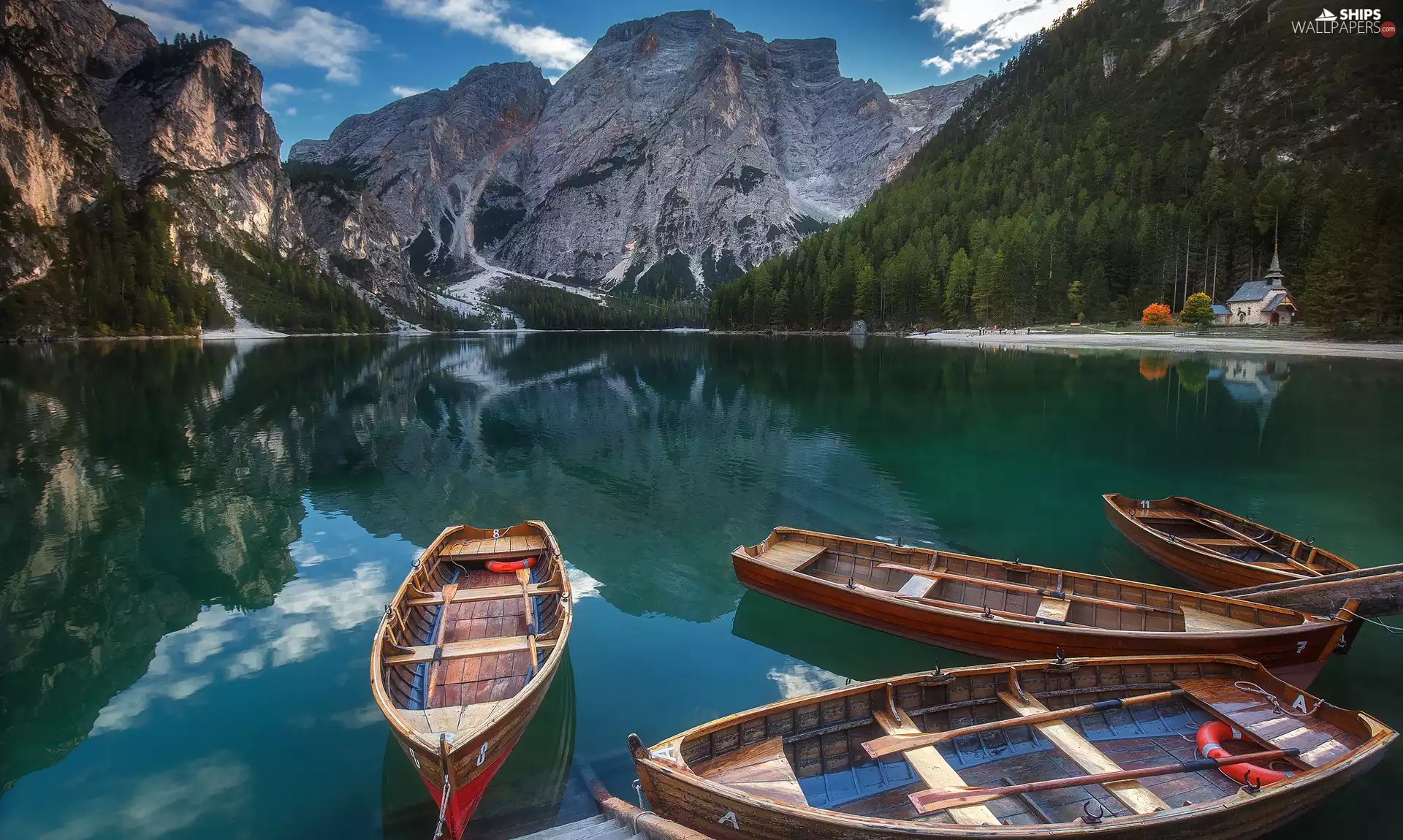 South Tyrol, Pragser Wildsee Lake, boats, Mount Seekofel, viewes, Dolomites, Italy, trees