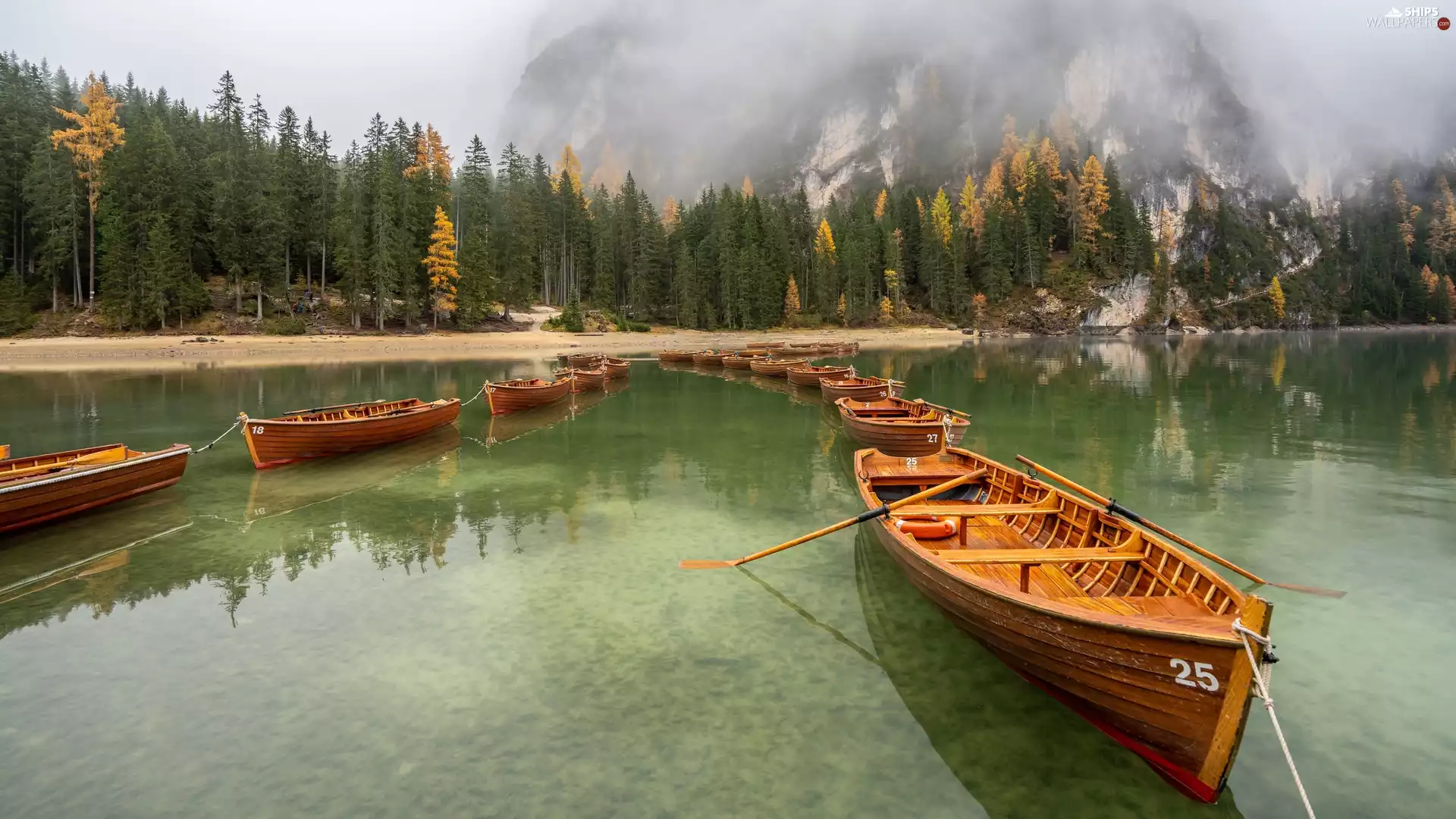 Dolomites, lake, Fog, Pragser Wildsee, forest, Tirol, Italy, boats