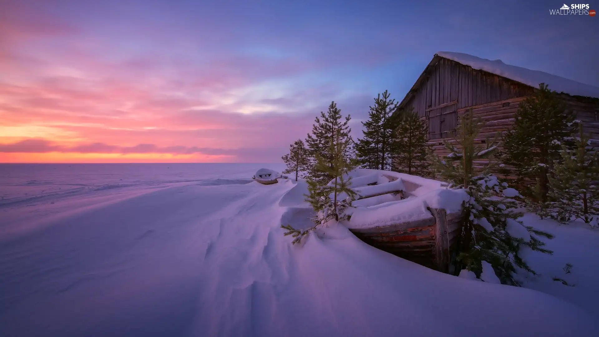 Boat, Great Sunsets, viewes, house, winter, trees, drifts