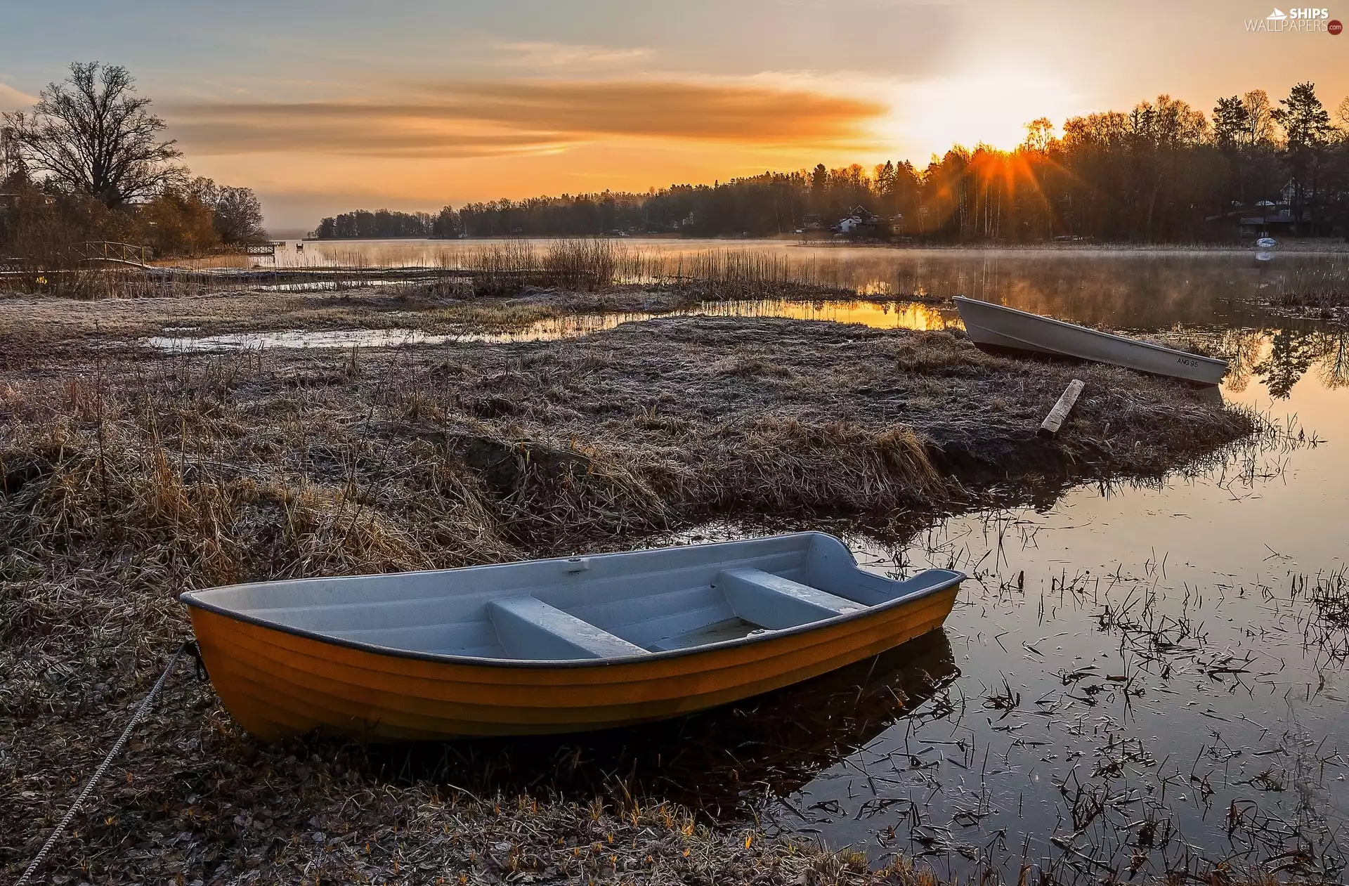 boats, Great Sunsets, dry, grass, frosty, lake