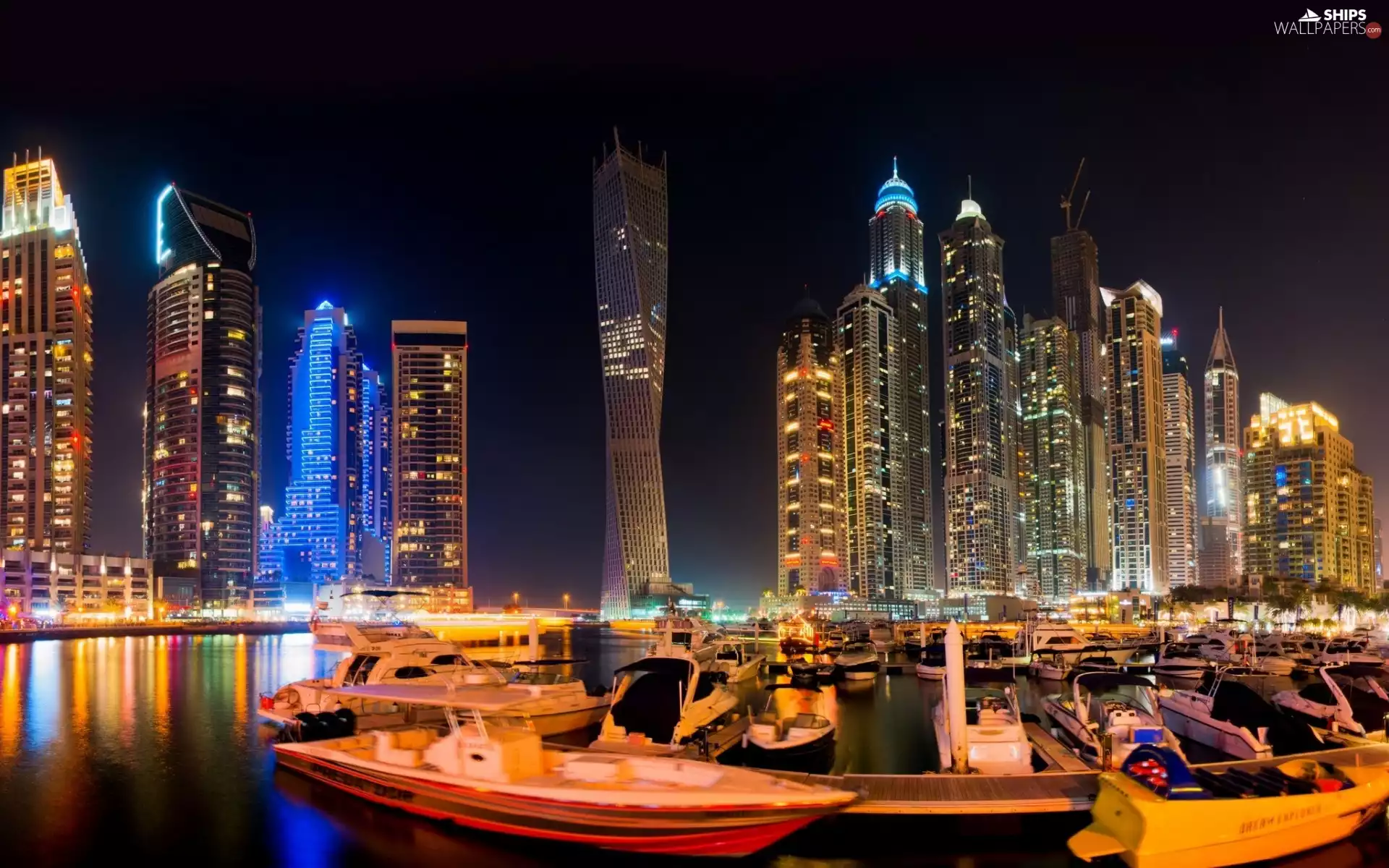 skyscrapers, boats, twilight, Dubaj, clouds, Yachts