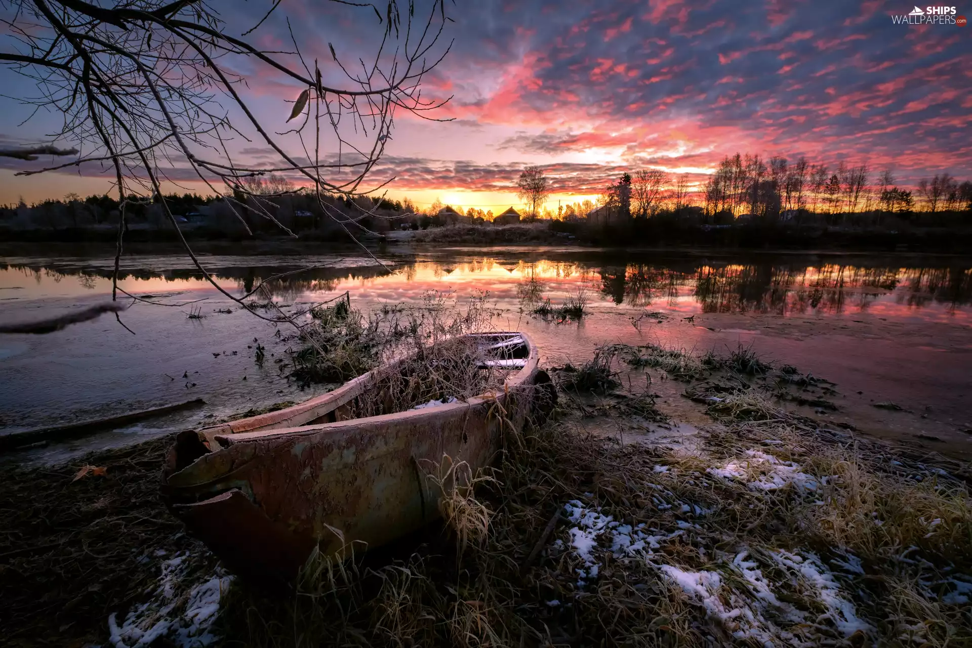 Dubna River, Sky, Boat, evening, Latgale, Latvia, trees, viewes, winter
