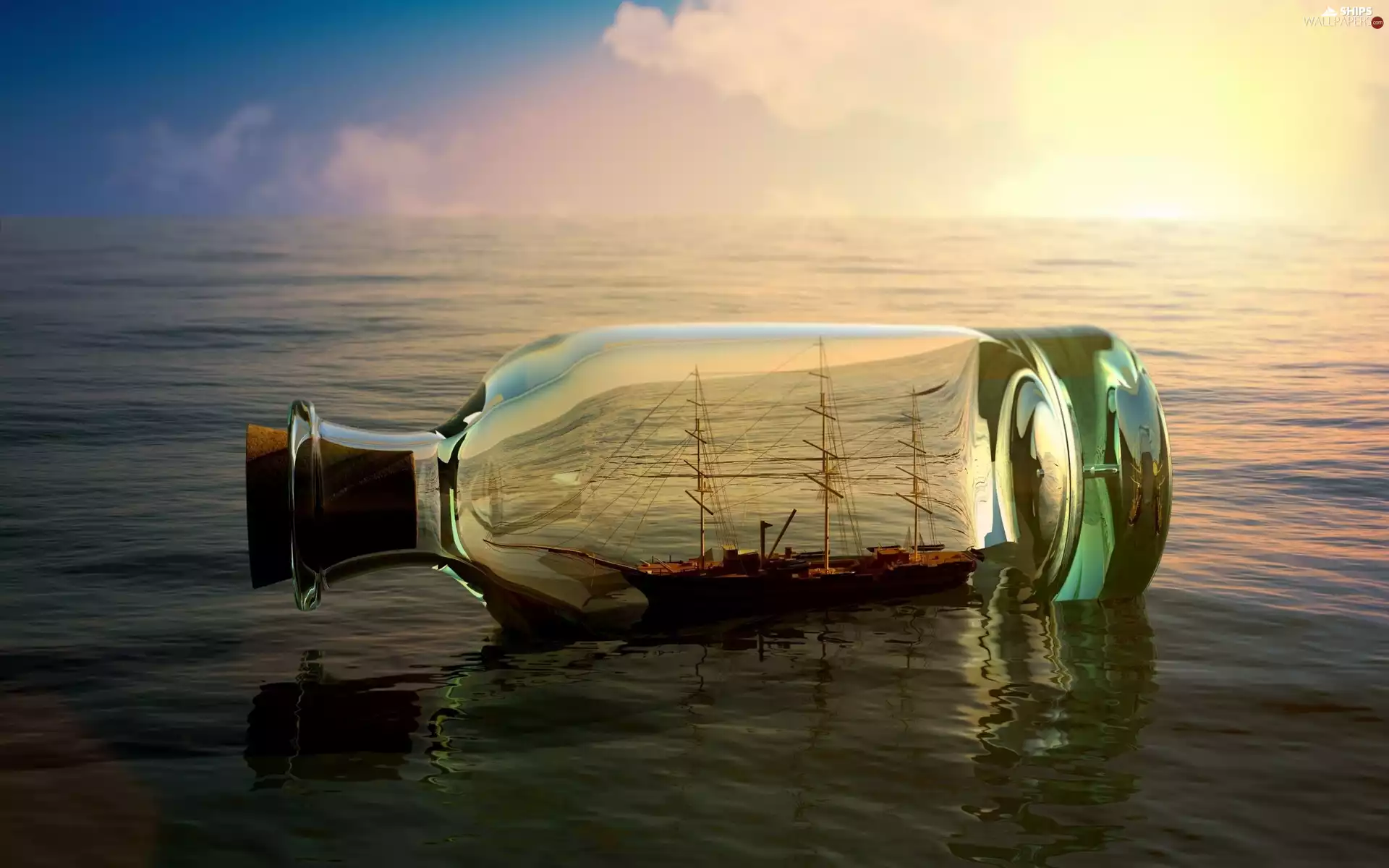 Bottle, east, sun, sailing vessel