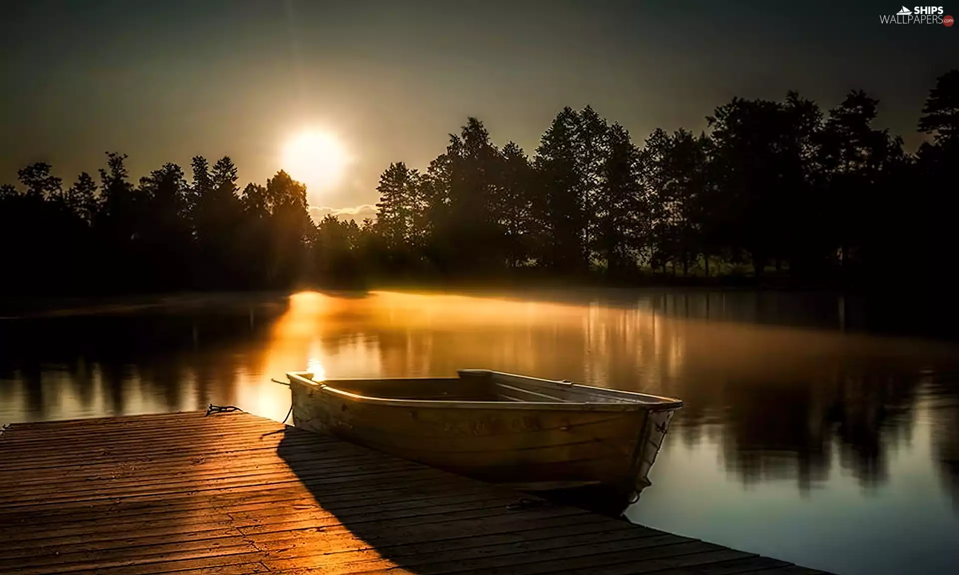 lake, trees, reflection, viewes, sun, Platform, Boat, emerging