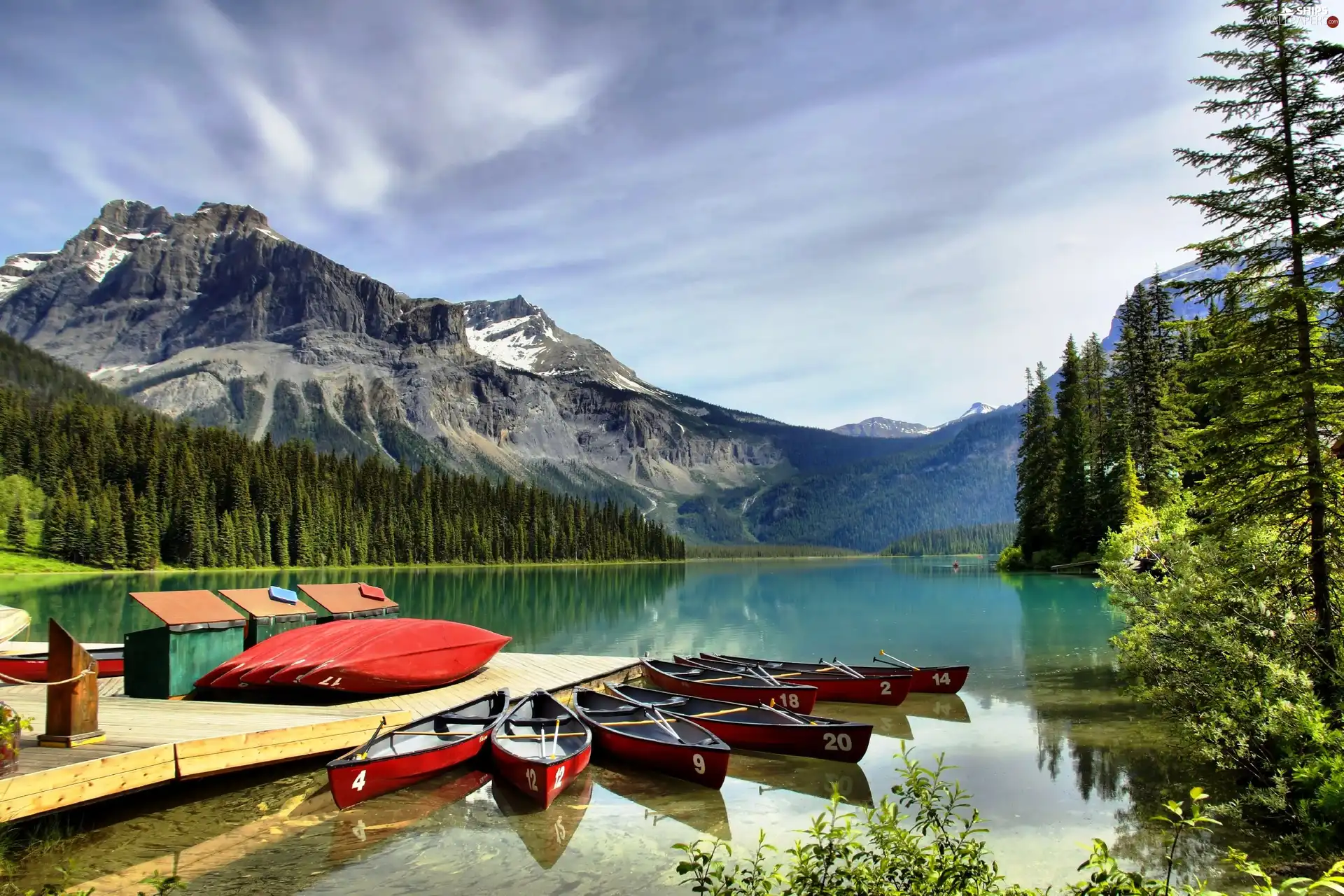 lake, Kayaks, esmerald, Canada, Mountains, Platform