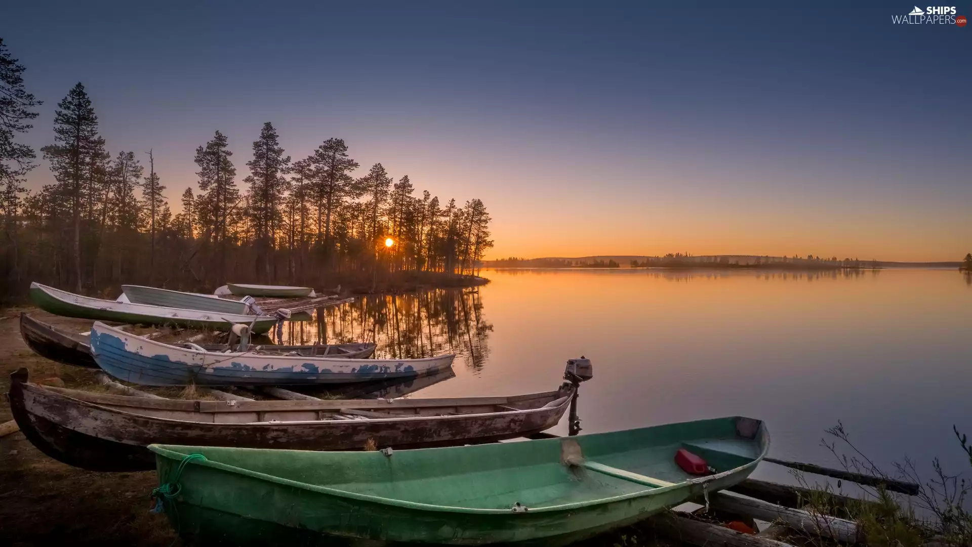 Great Sunsets, Pallas-Yllästunturi National Park, viewes, Pallasjärvi Oake, Finland, trees, boats