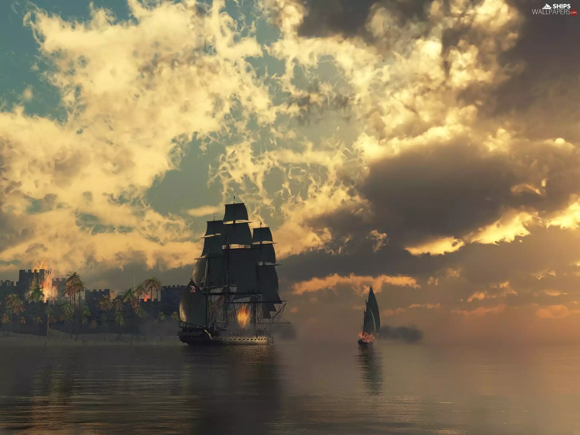 Flames, sailing vessel, firing