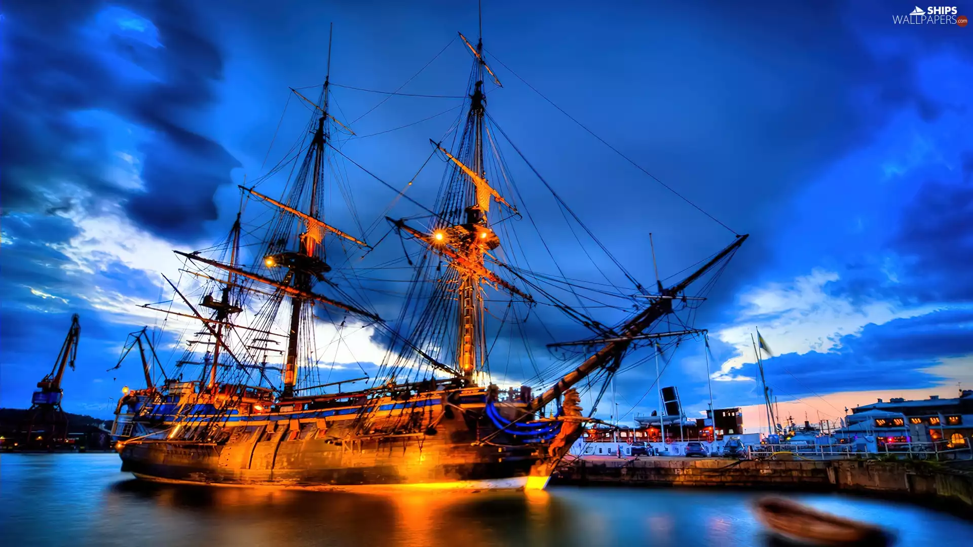 Floodlit, sailing vessel