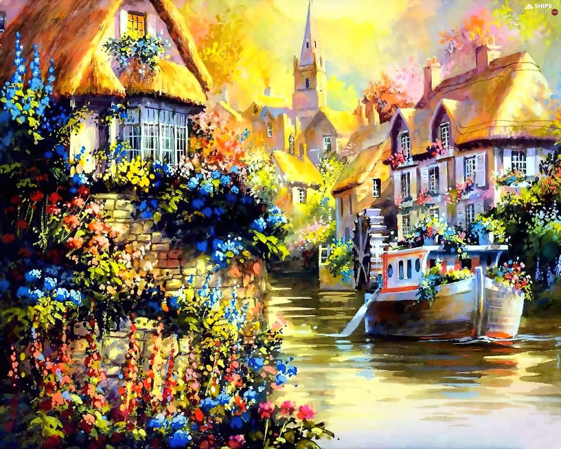 Flowers, Houses, Boat