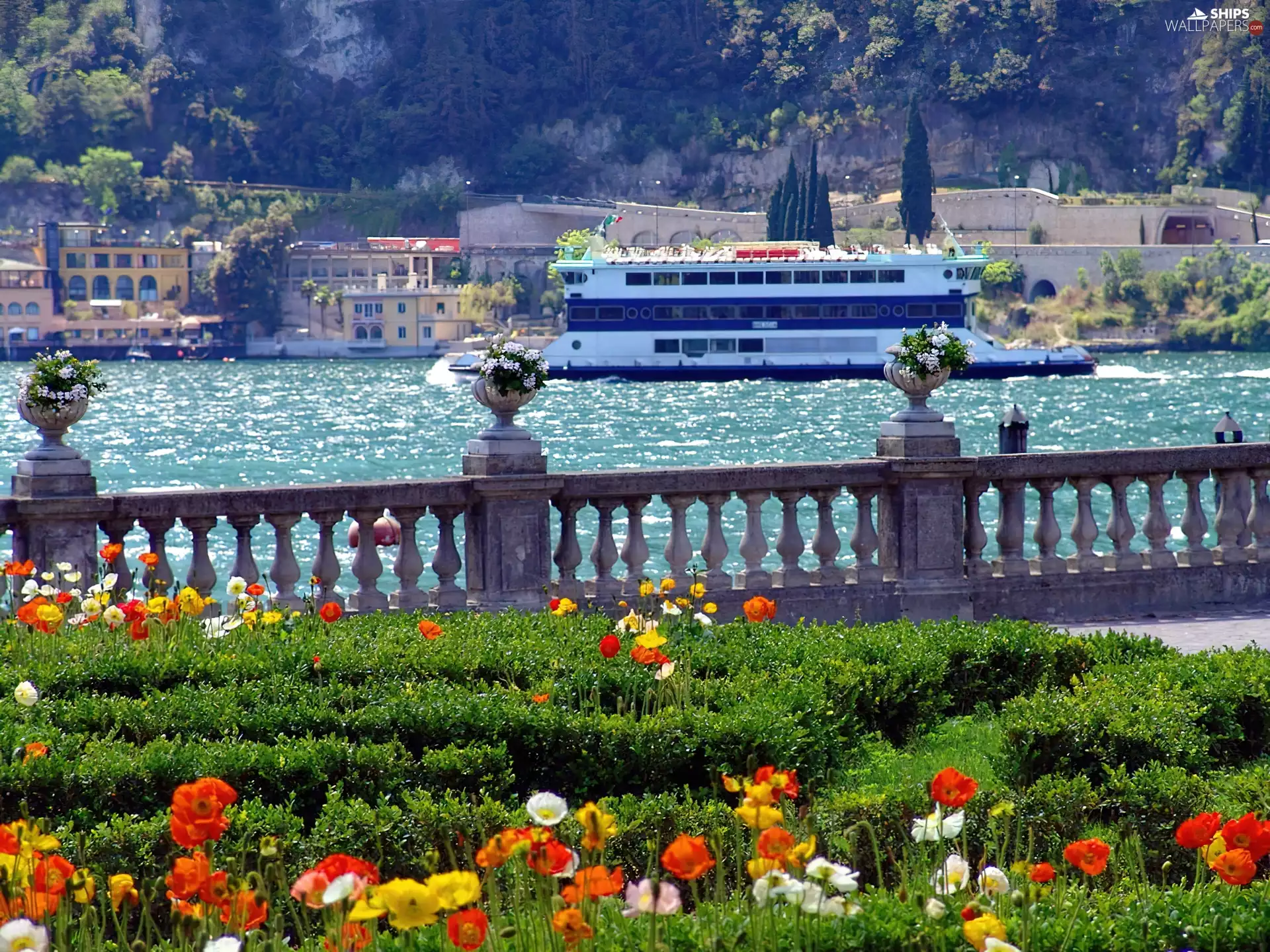 flowerbed, railing, River, Flowers