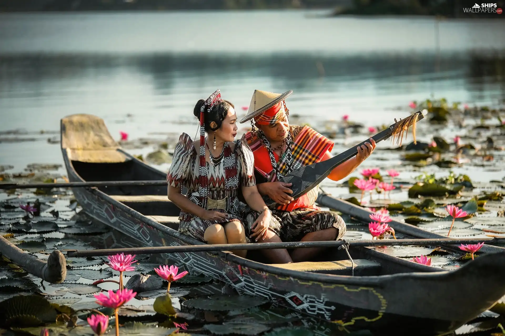 a man, lake, Flowers, lotuses, Women, Boat