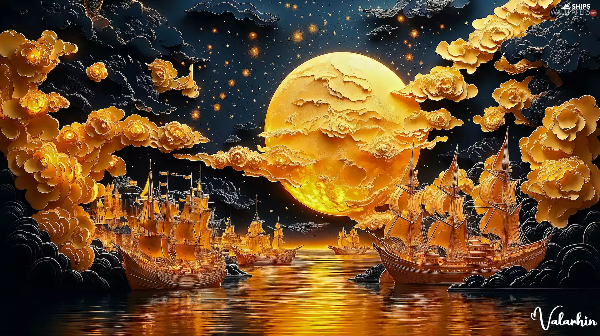 moon, Flowers, sea, sailboats, graphics