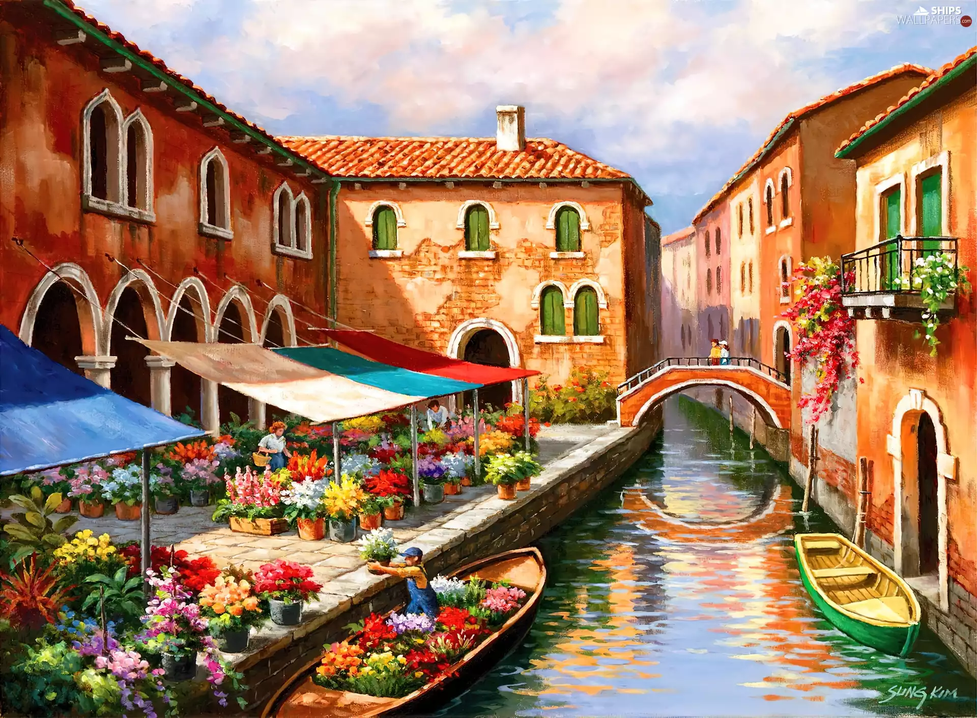 canal, Venice, boats, Flowers, Houses, Street