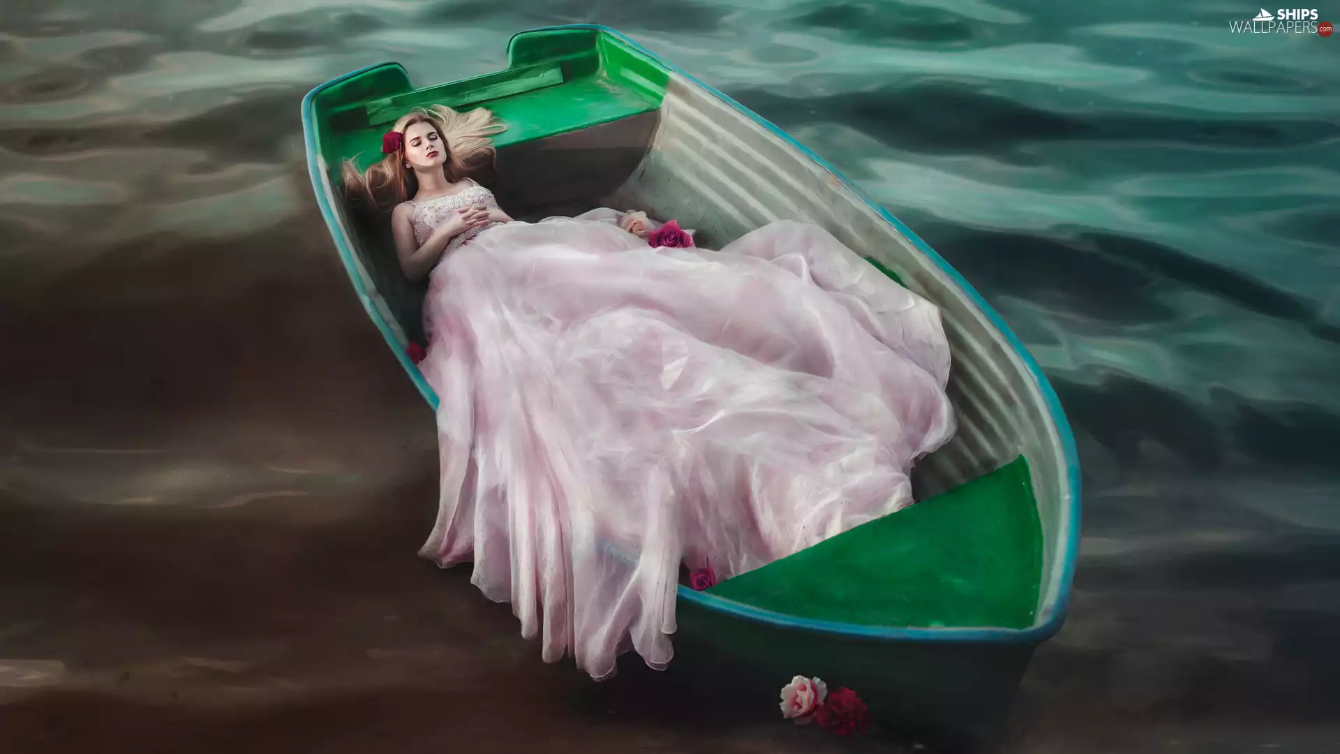 Dress, Women, water, Flowers, Boat, White