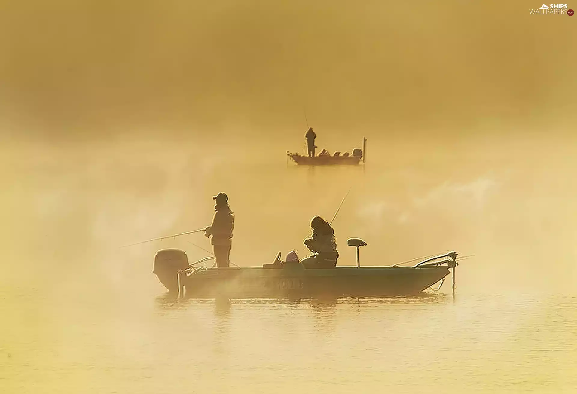 water, Fog, Anglers, Boats, People