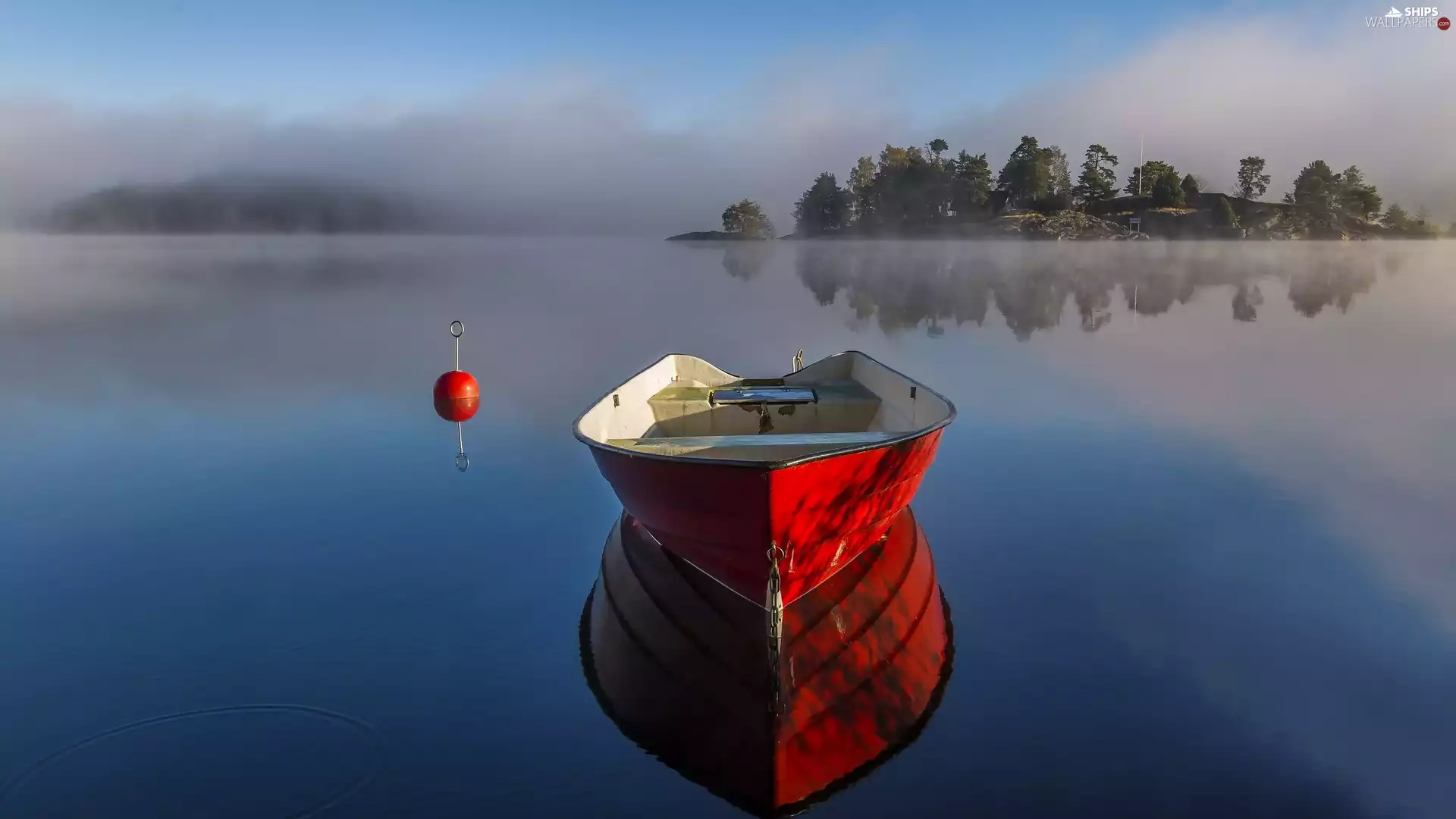 Island, lake, viewes, Fog, trees, Boat