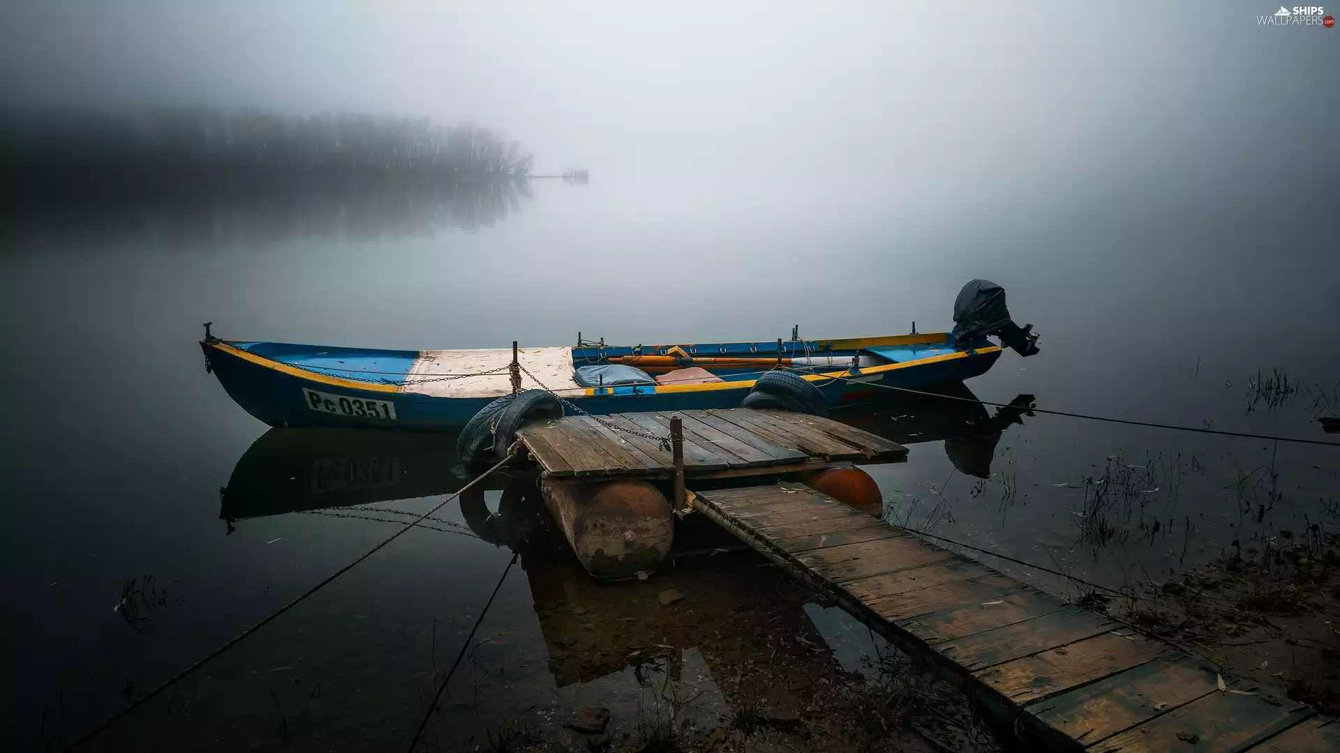 lake, Platform, Boat, Fog