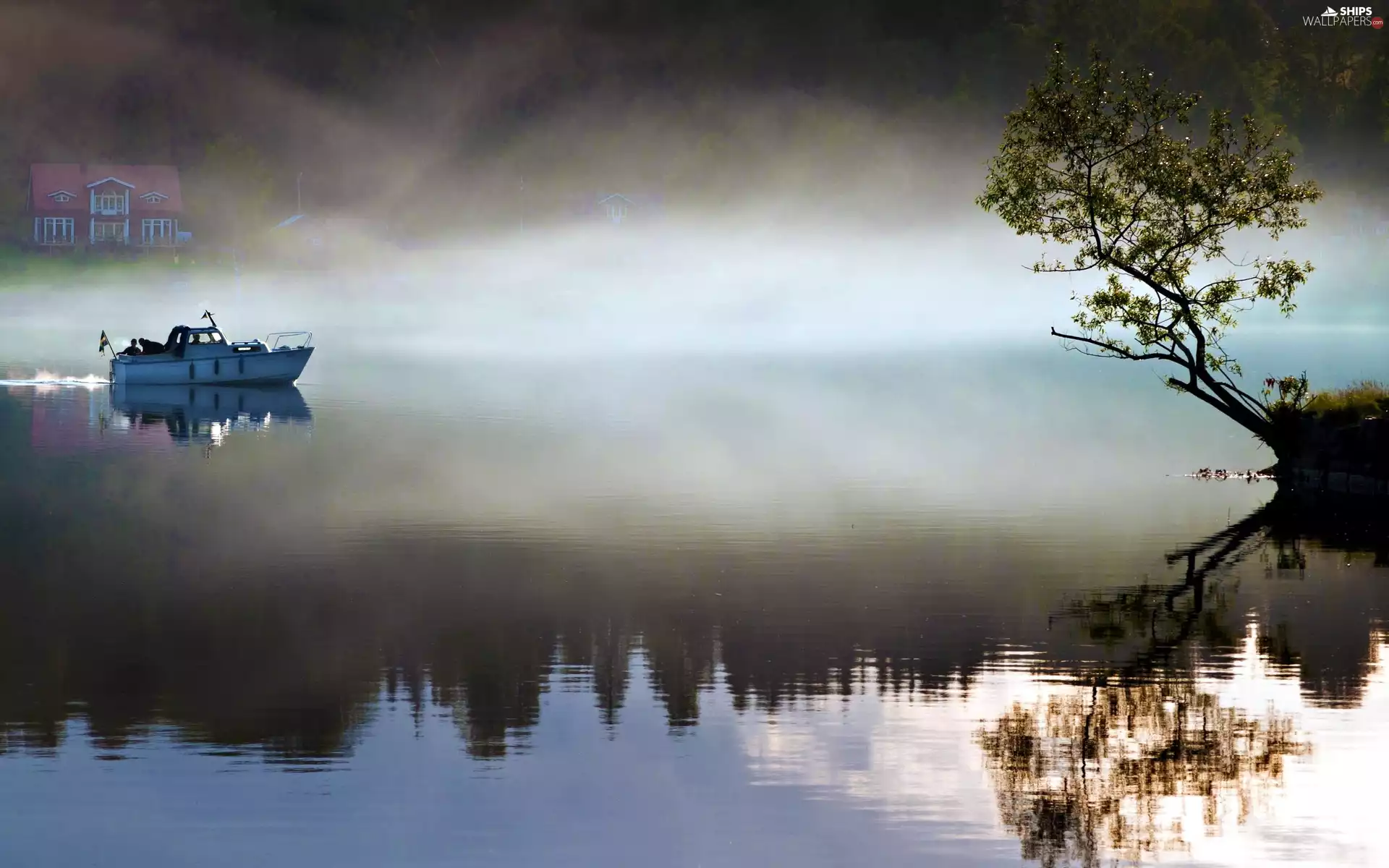 Boat, Fog, Motor boat, River