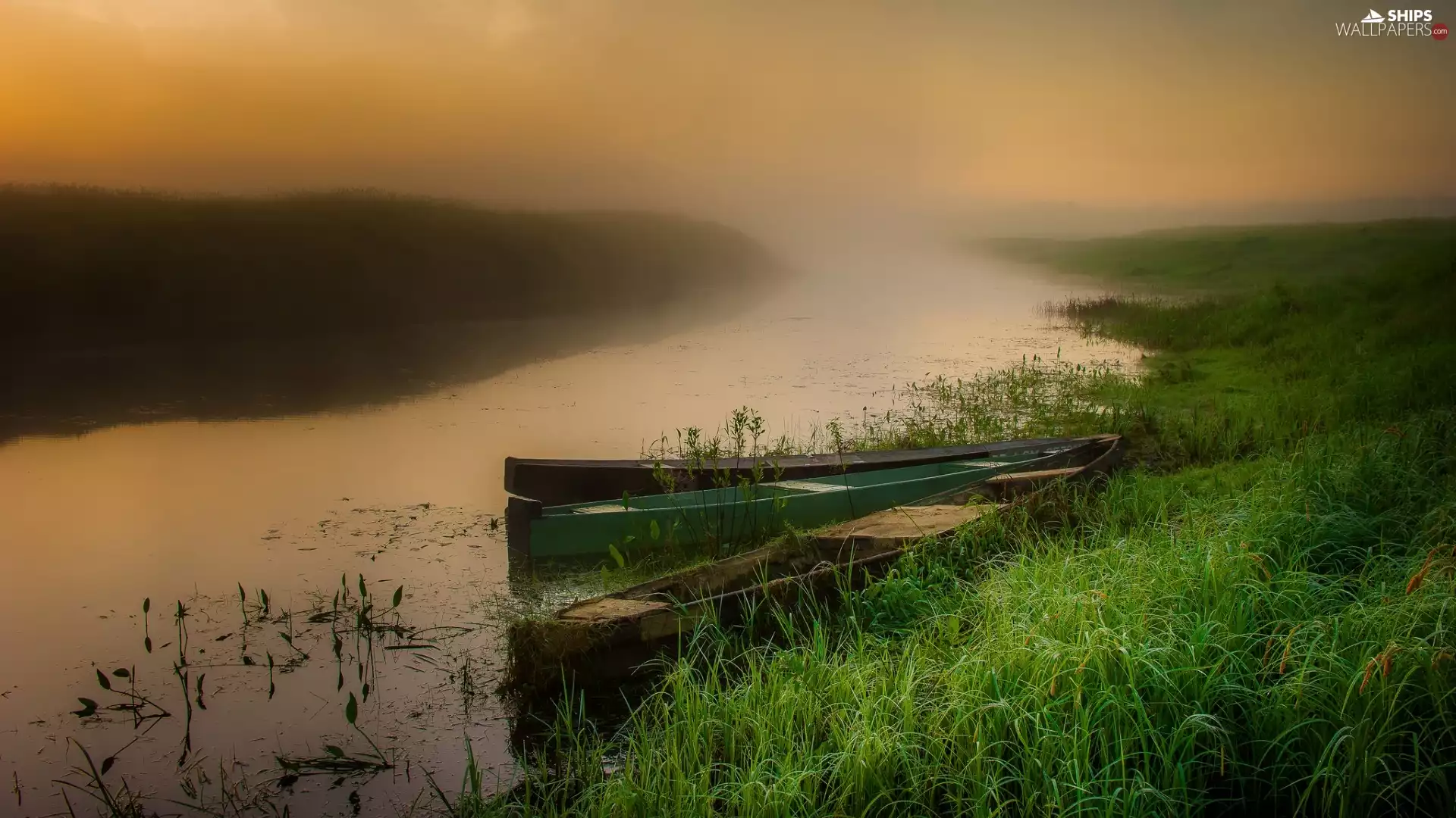 River, grass, boats, Fog