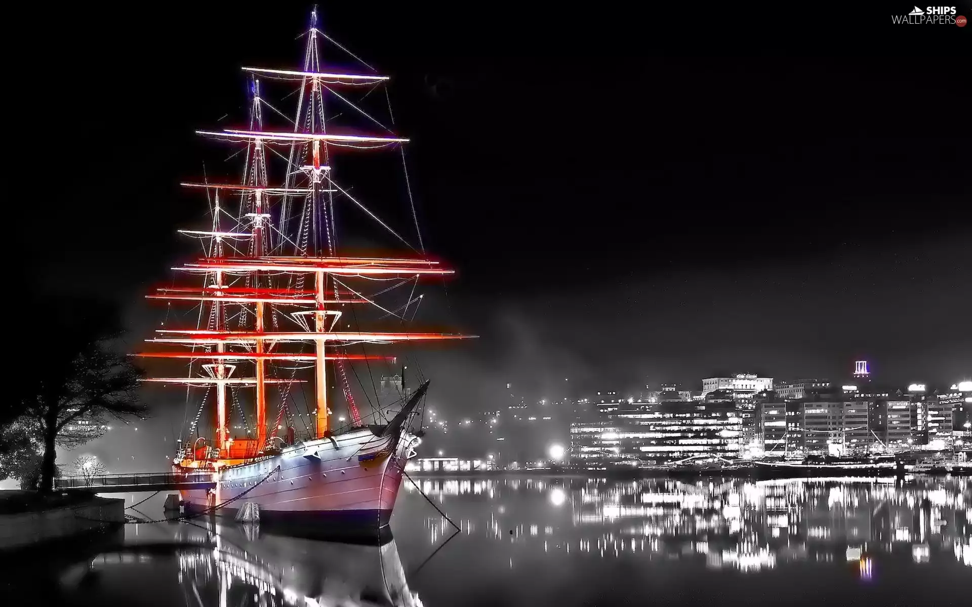 wharf, Moored, River, Fog, night, sailing vessel