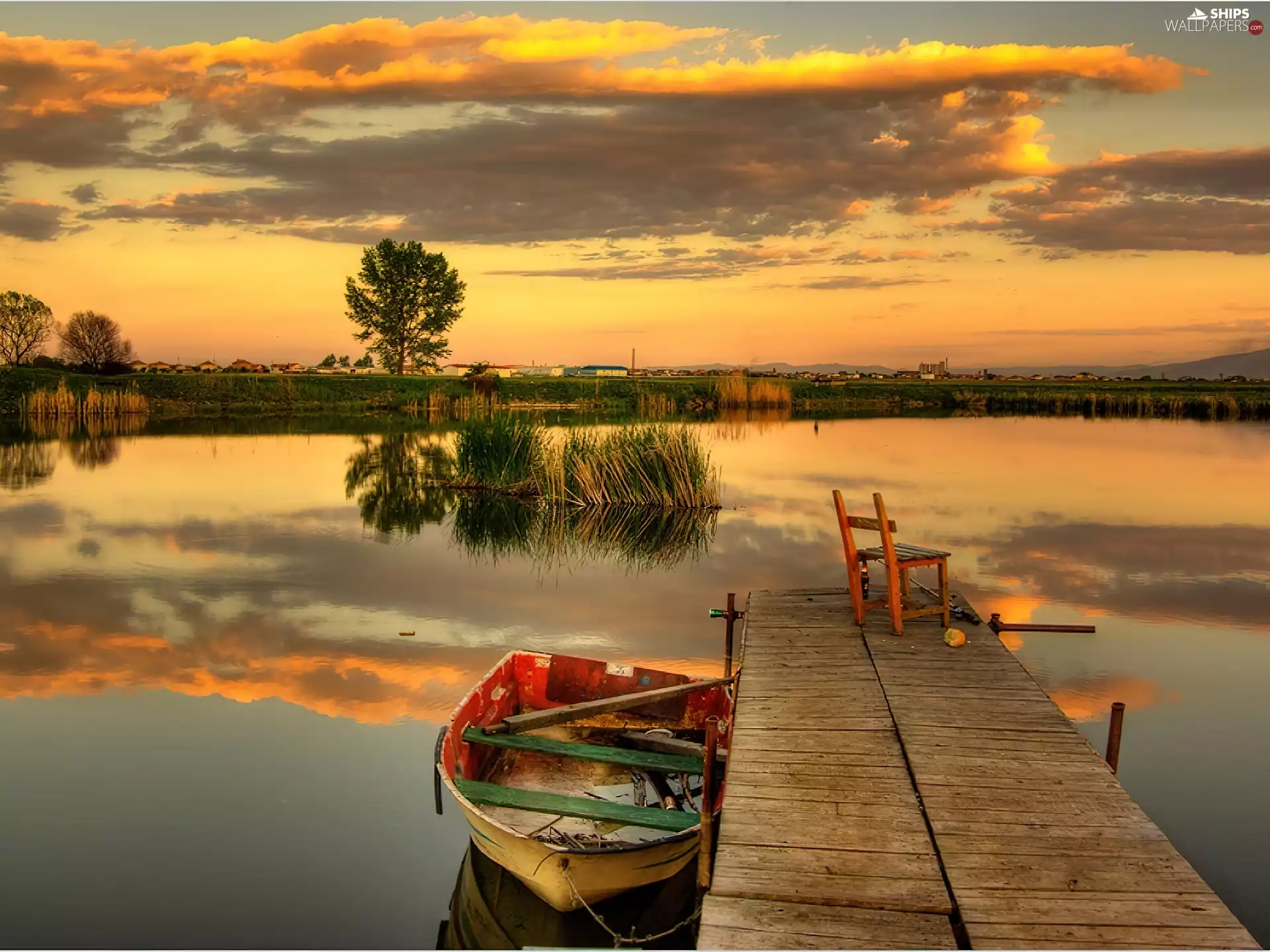 lake, Boat, Chair, footbridge