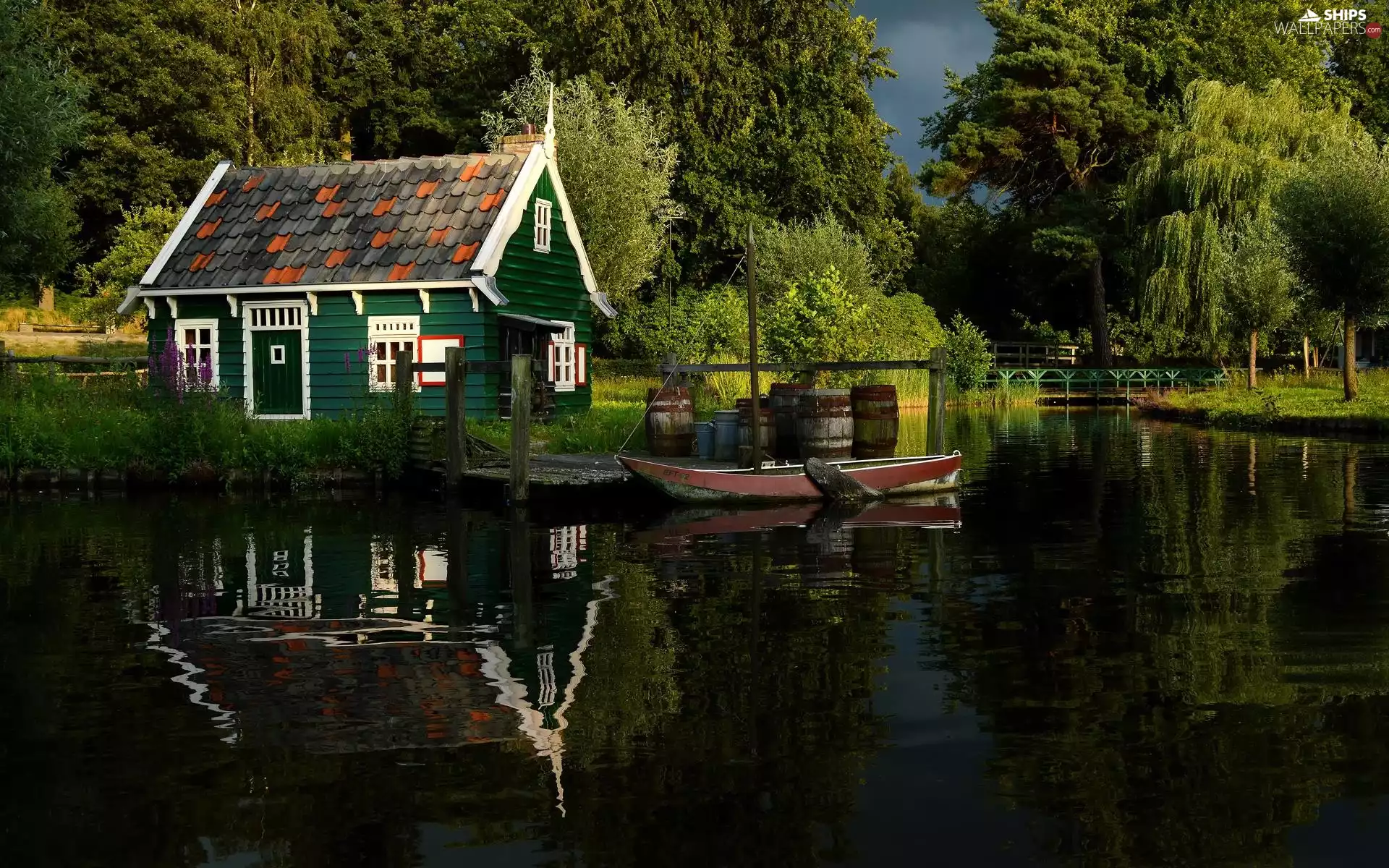 Home, forest, bridge, Boat, River