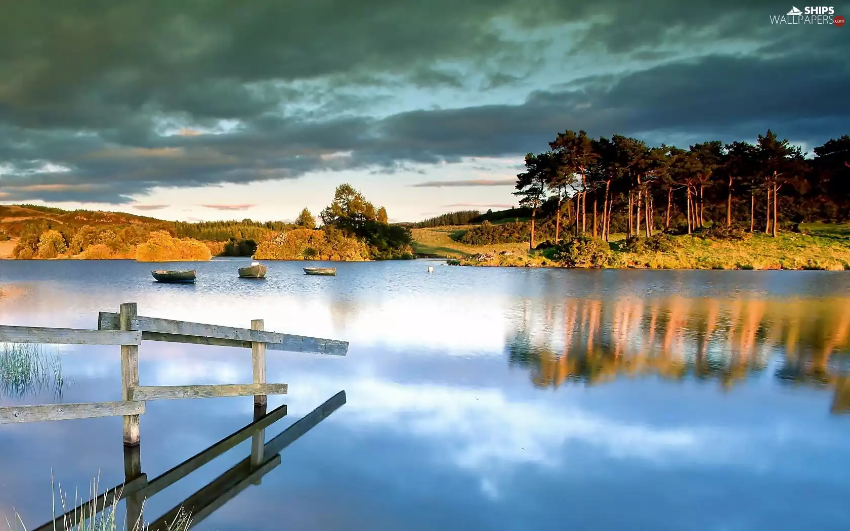 boats, forest, clouds, lake, dark