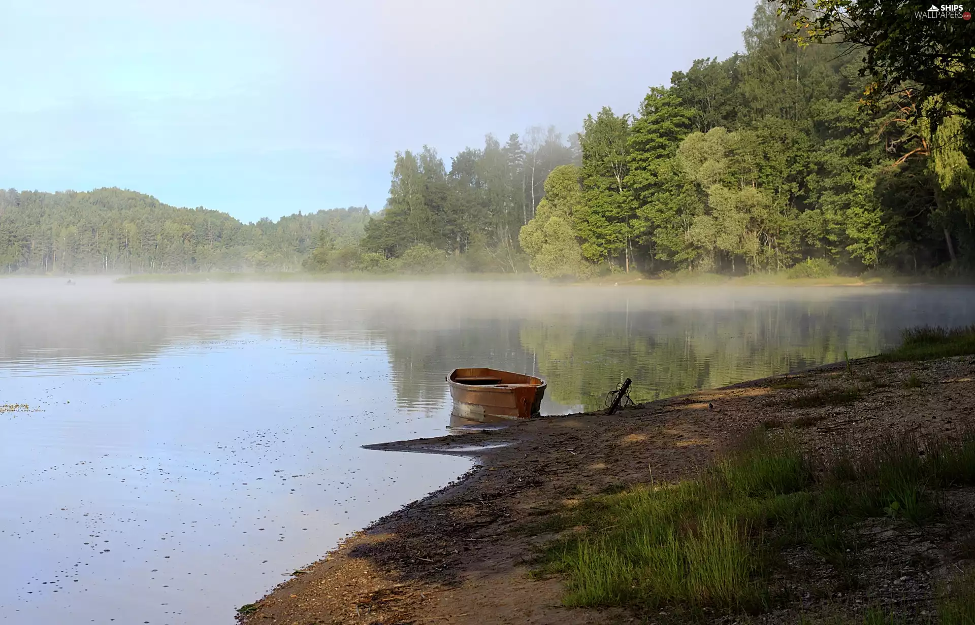 lake, Fog, Boat, forest