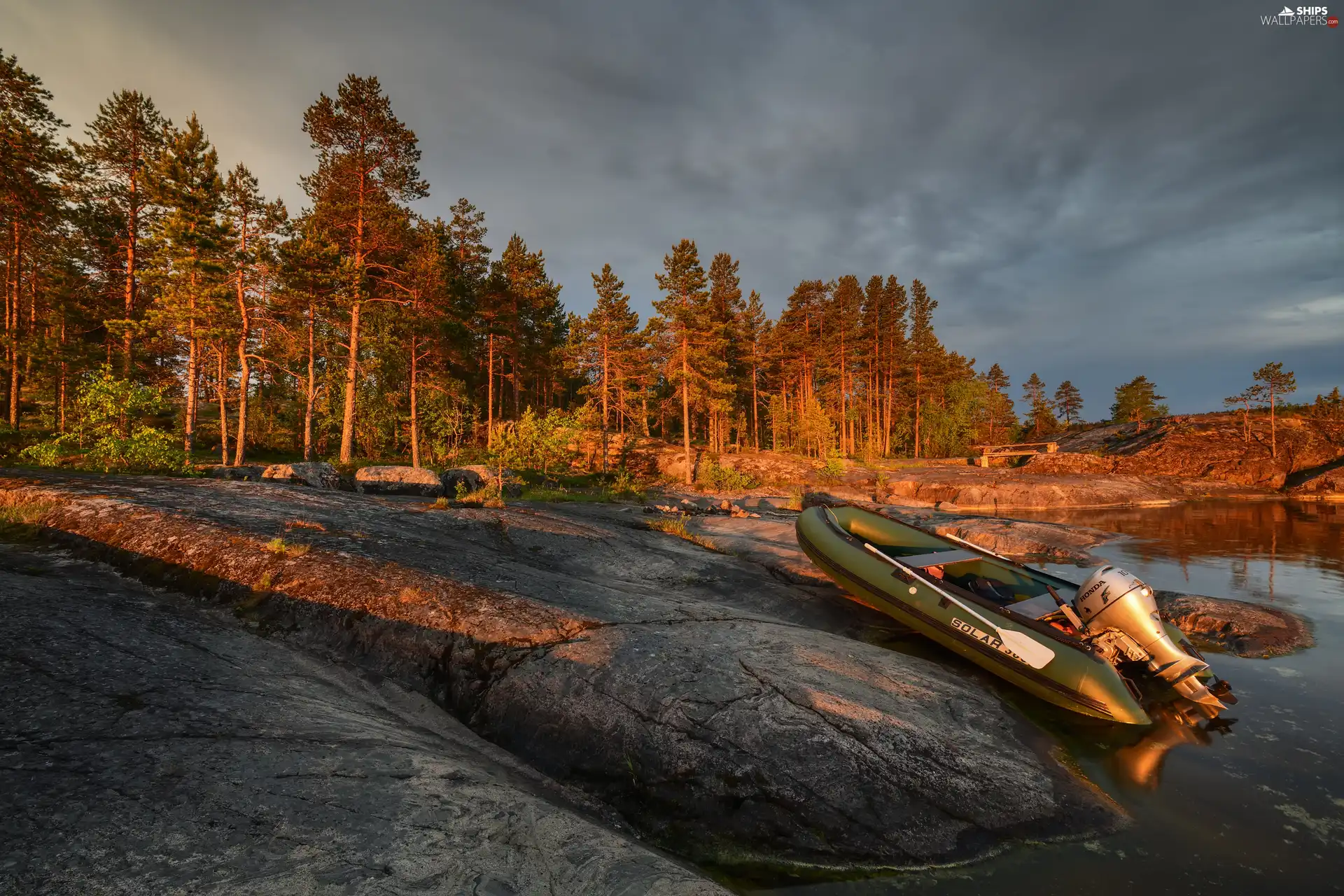 forest, trees, Russia, viewes, Karelia, Boat, Lake Ladoga, rocks
