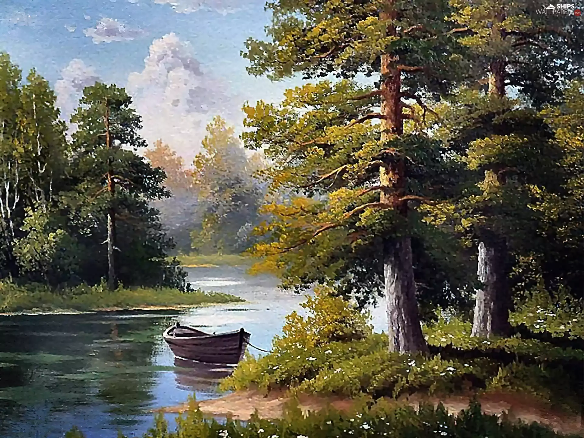 lake, Boat, painting, forest