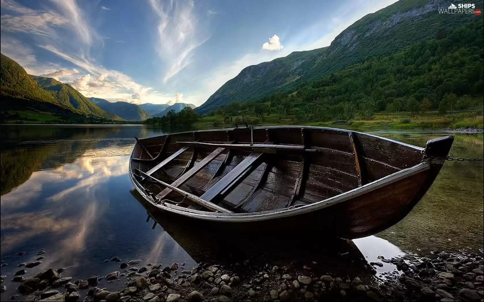 Mountains, lake, Boat, forest