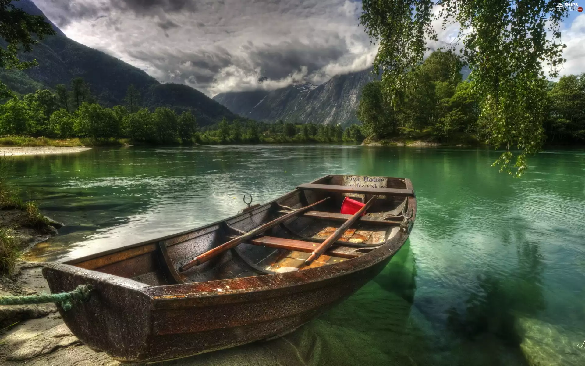 Mountains, lake, Boat, forest